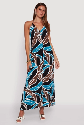 Fashion Mix Balanced Tones Tropical Leaf Print Rope Strap Halter Maxi Dress