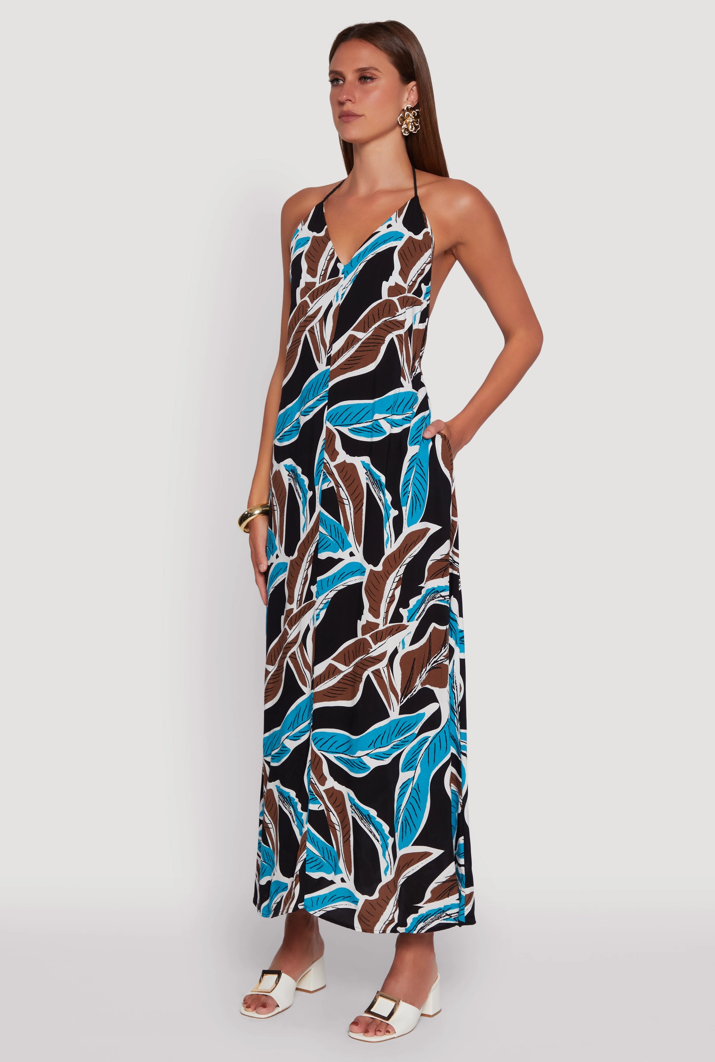 Silk-Blend Tropical Leaf Print Rope Strap Halter Maxi Dress