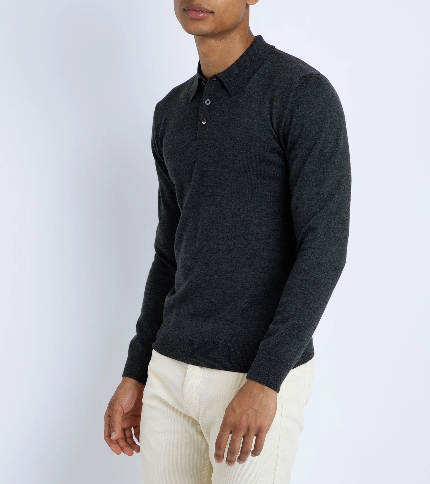 Trunk Enford Merino Knit Long Sleeve Polo Shirt: Charcoal Office Appropriate