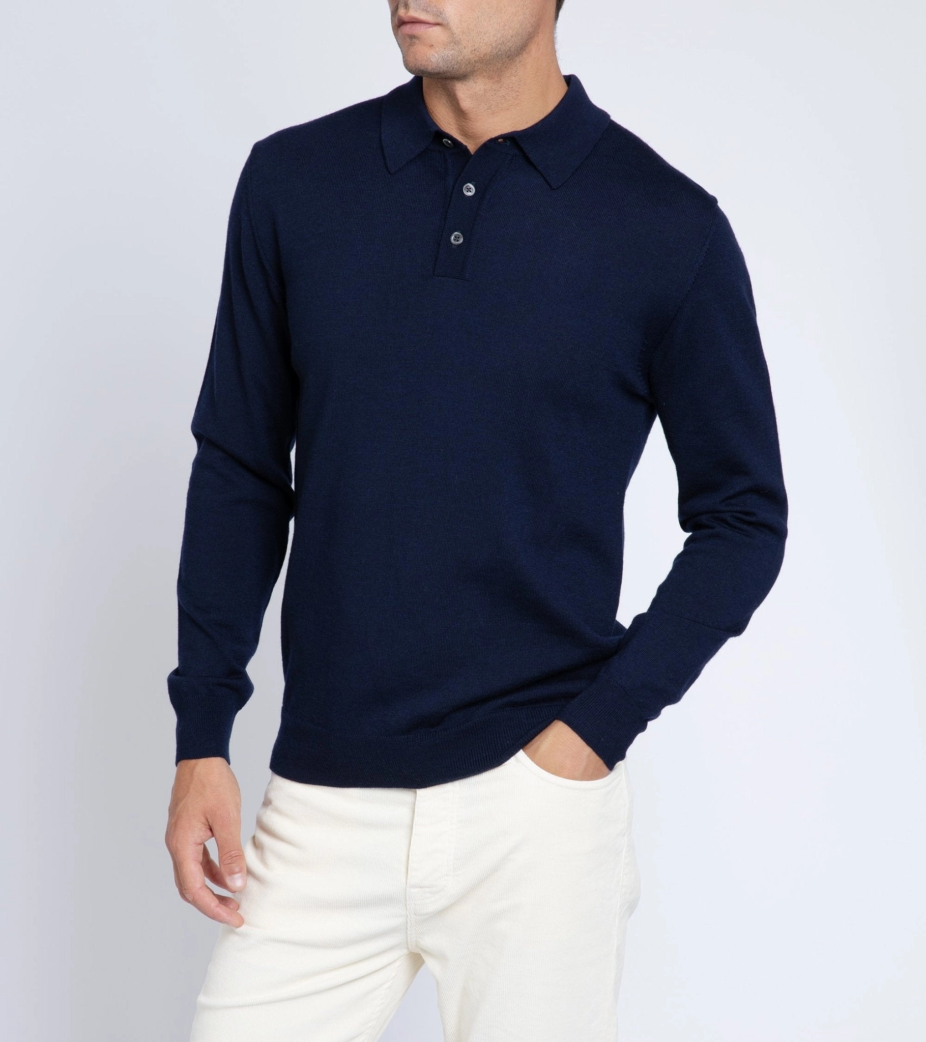 Non Iron Finish Everyday Basic Trunk Enford Merino Knit Long Sleeve Polo Shirt: Navy
