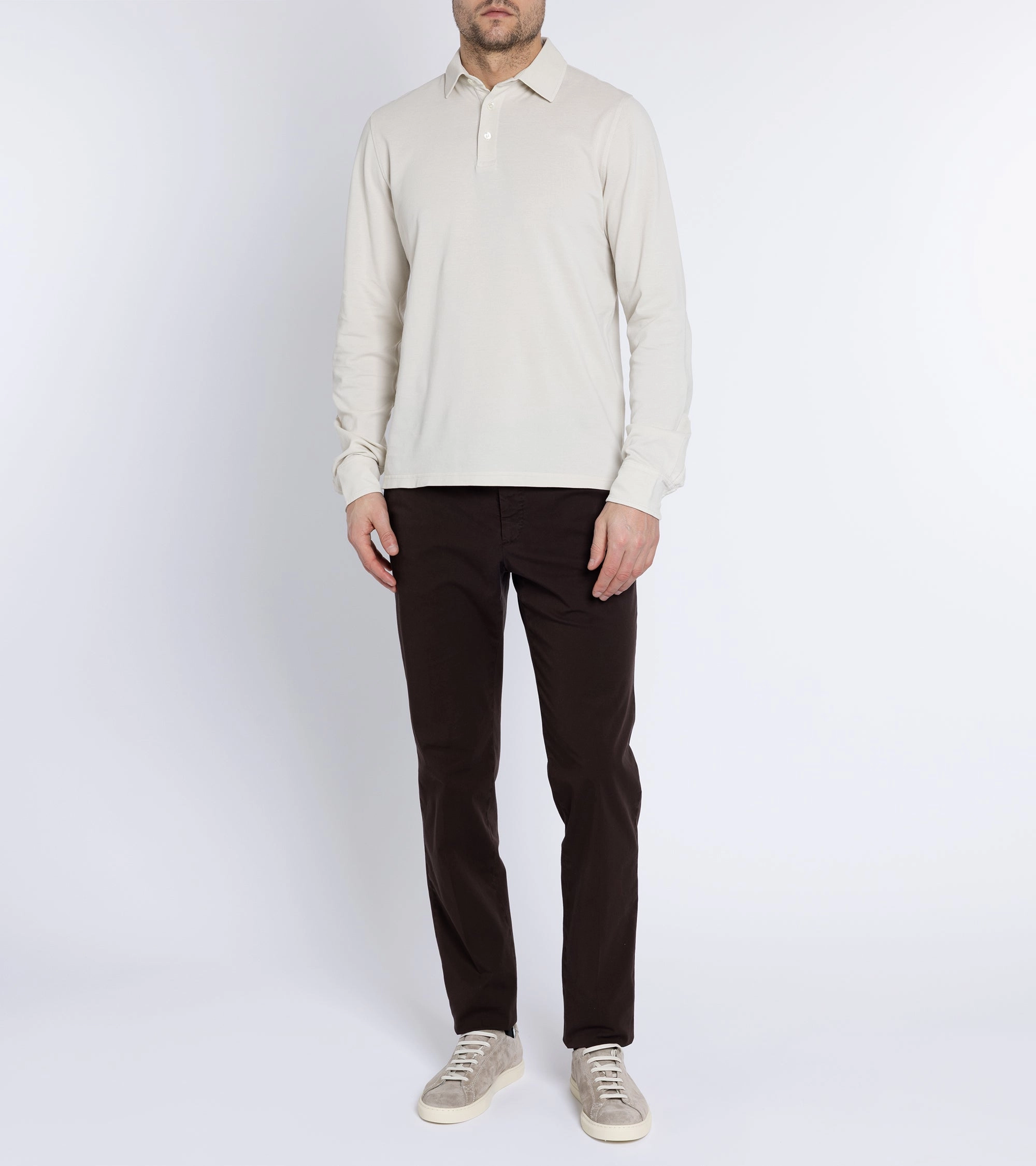 Trendy Casual Breathable Layer Trunk Moxon Long Sleeve Polo Shirt: Cream