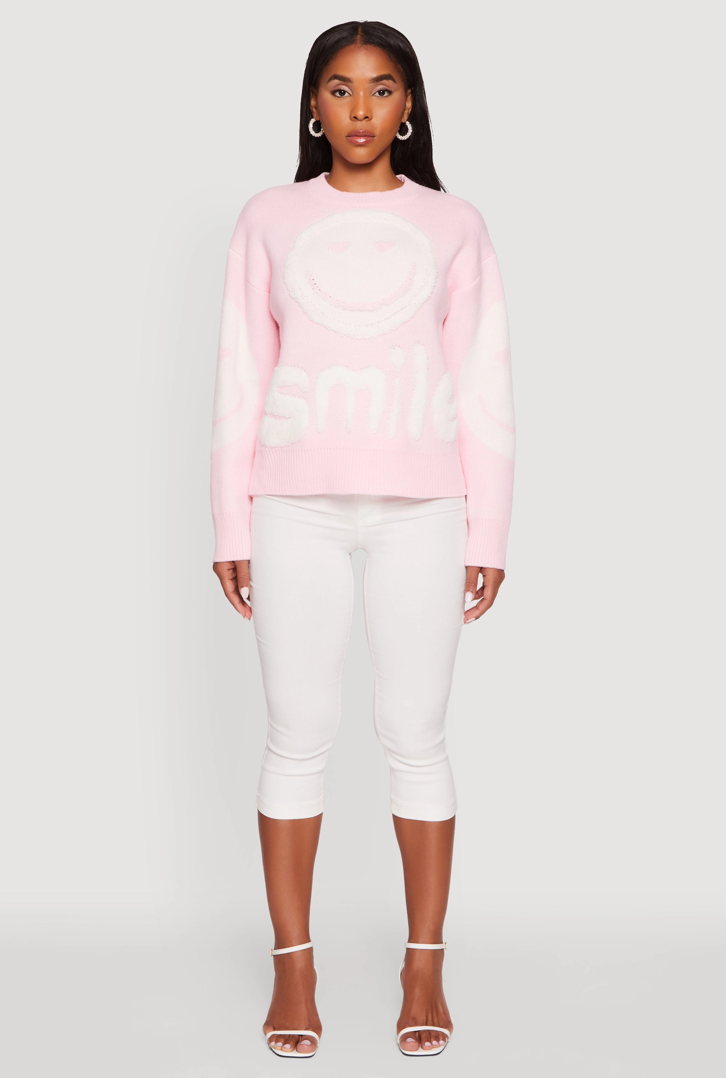 Soft Knit Piece Tufted Knit Smiley Graphic Pullover Sweater