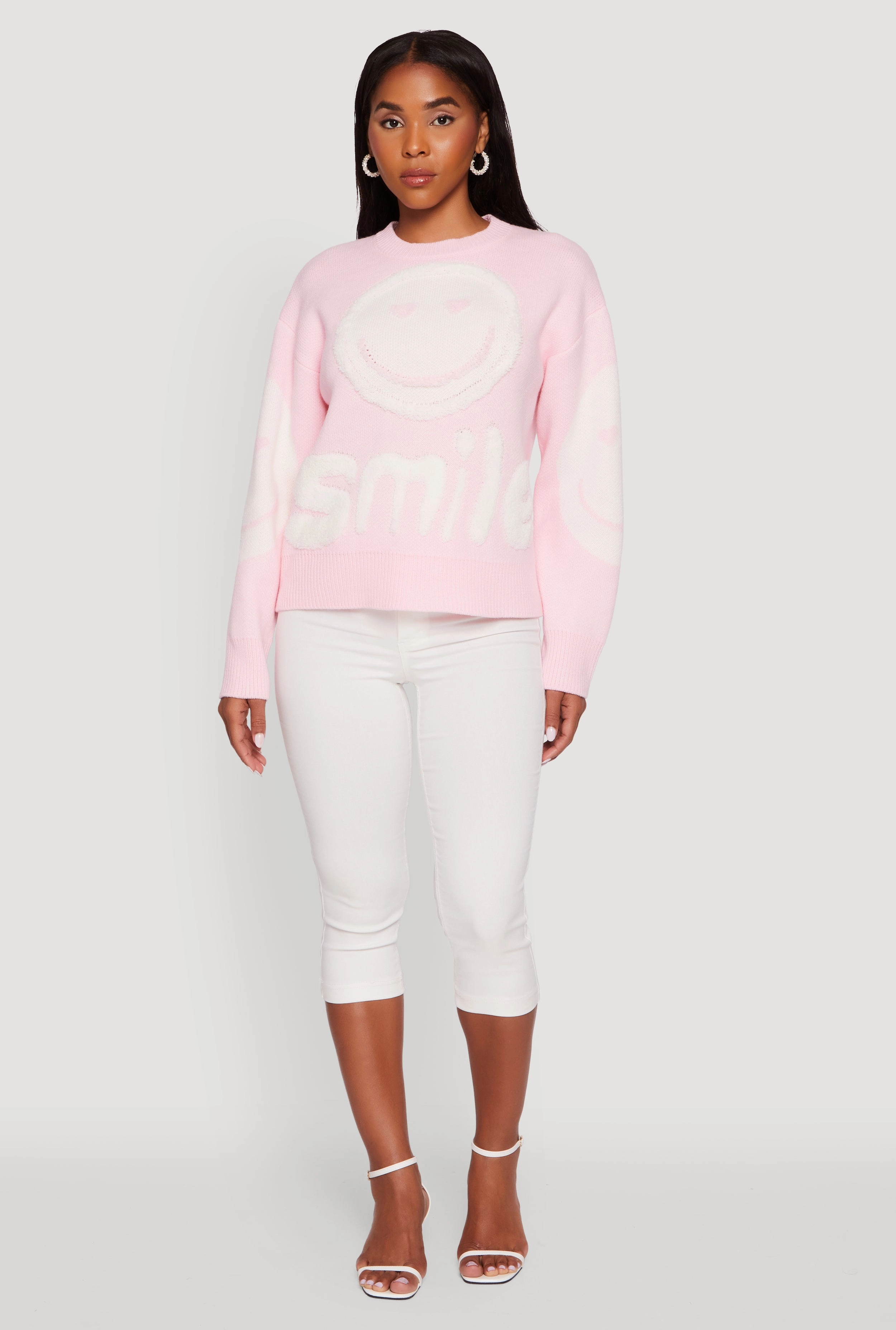 Textured Fabric Tufted Knit Smiley Graphic Pullover Sweater