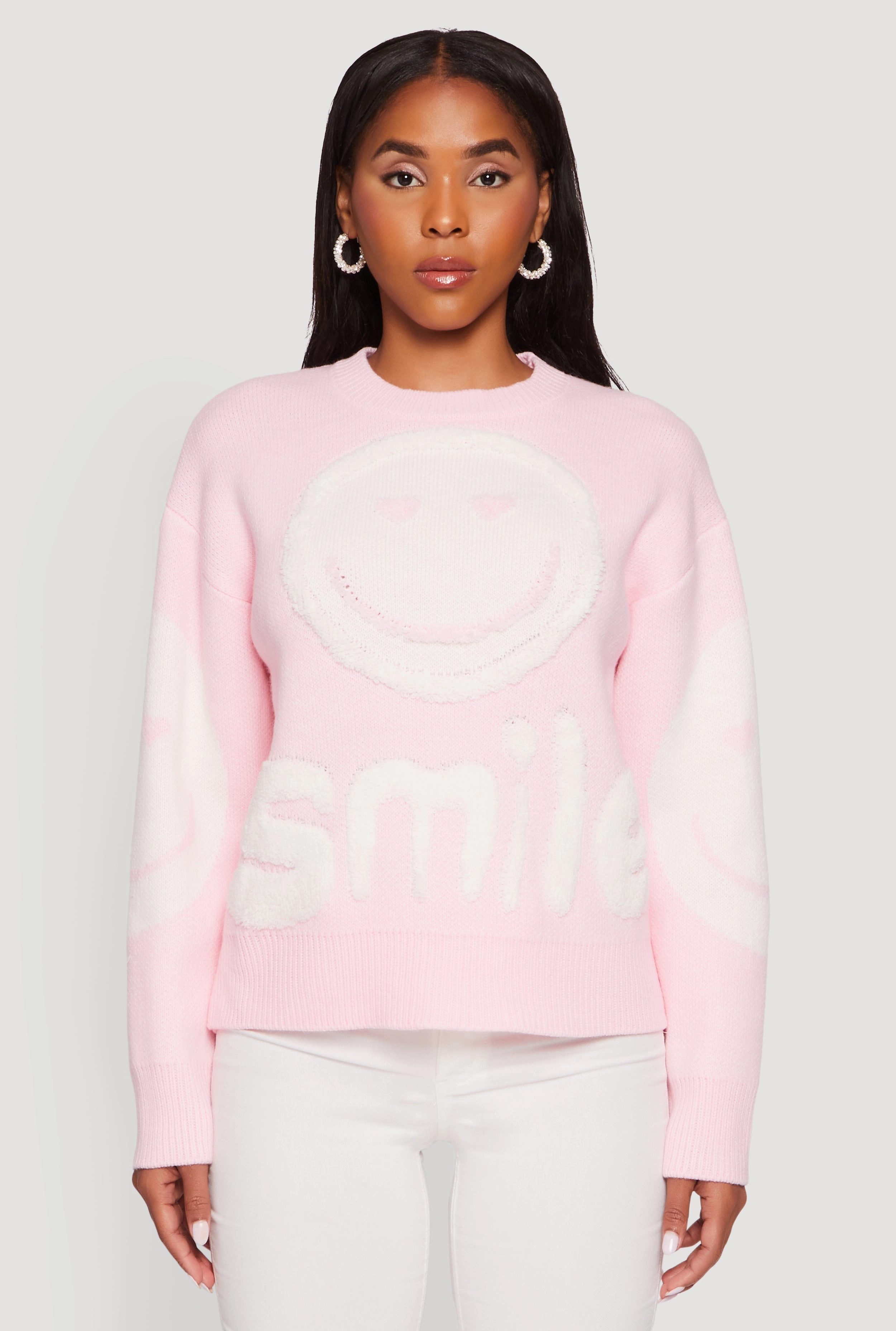 Plush Inner Lining Tufted Knit Smiley Graphic Pullover Sweater