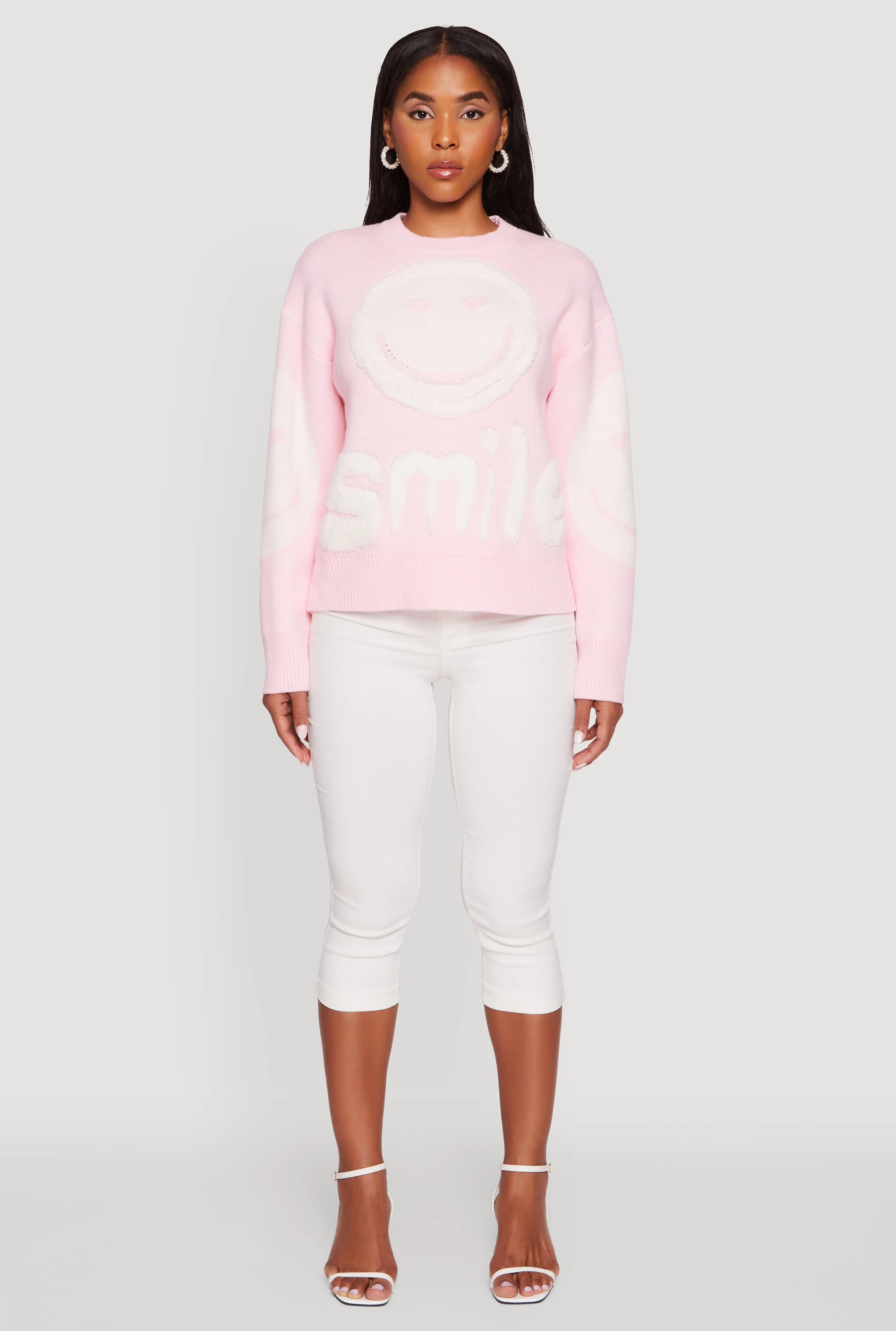 Flexible Cuff Design Tufted Knit Smiley Graphic Pullover Sweater