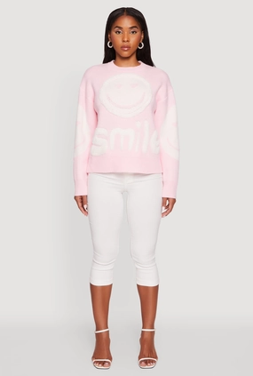 Soft Knit Piece Tufted Knit Smiley Graphic Pullover Sweater