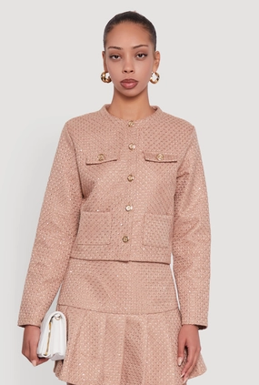 Anti Static Treatment Tweed Flap Pocket Cropped Button Front Blazer