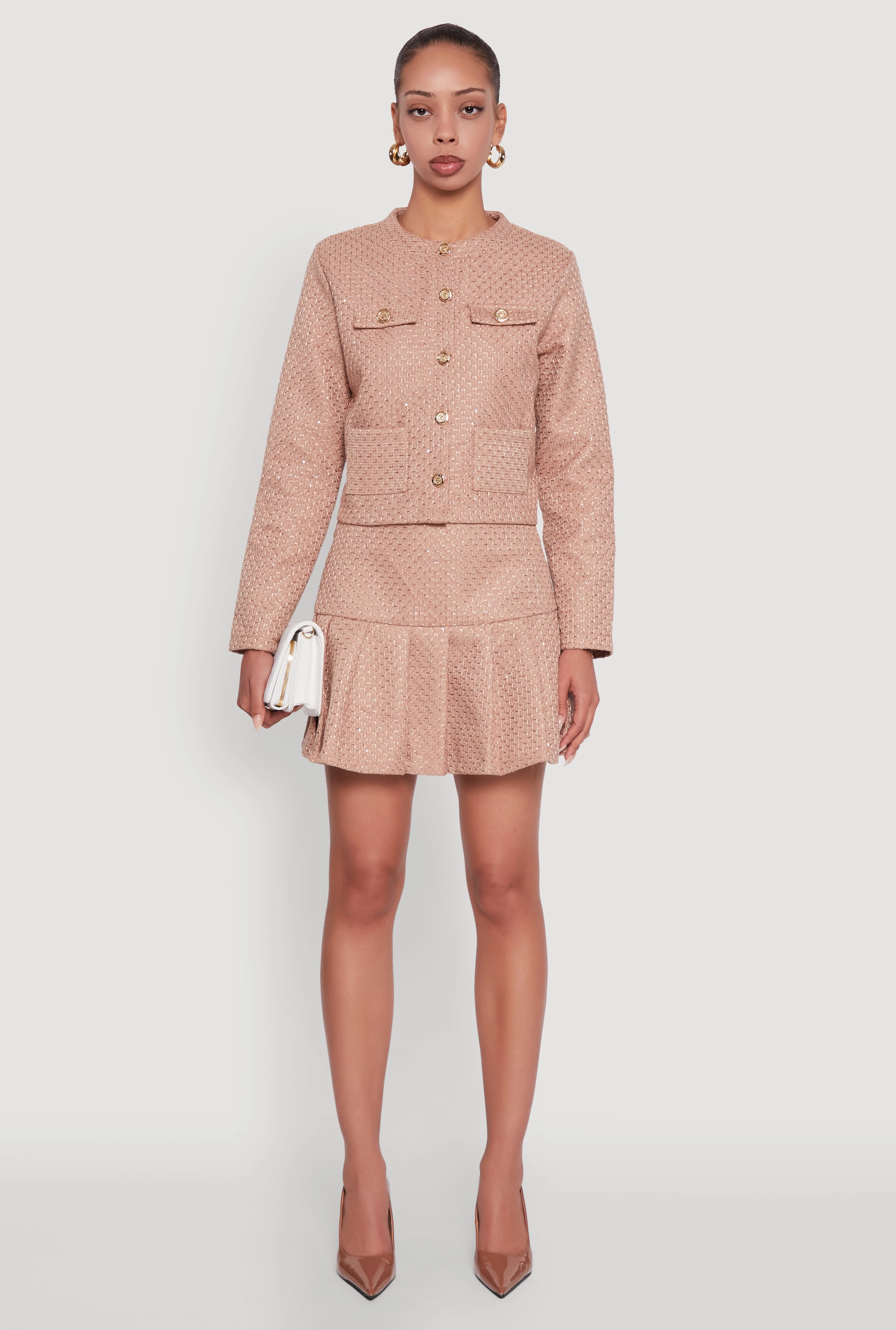 Layered Ventilation Panels Quilted Interior Layer Tweed Flap Pocket Cropped Button Front Blazer
