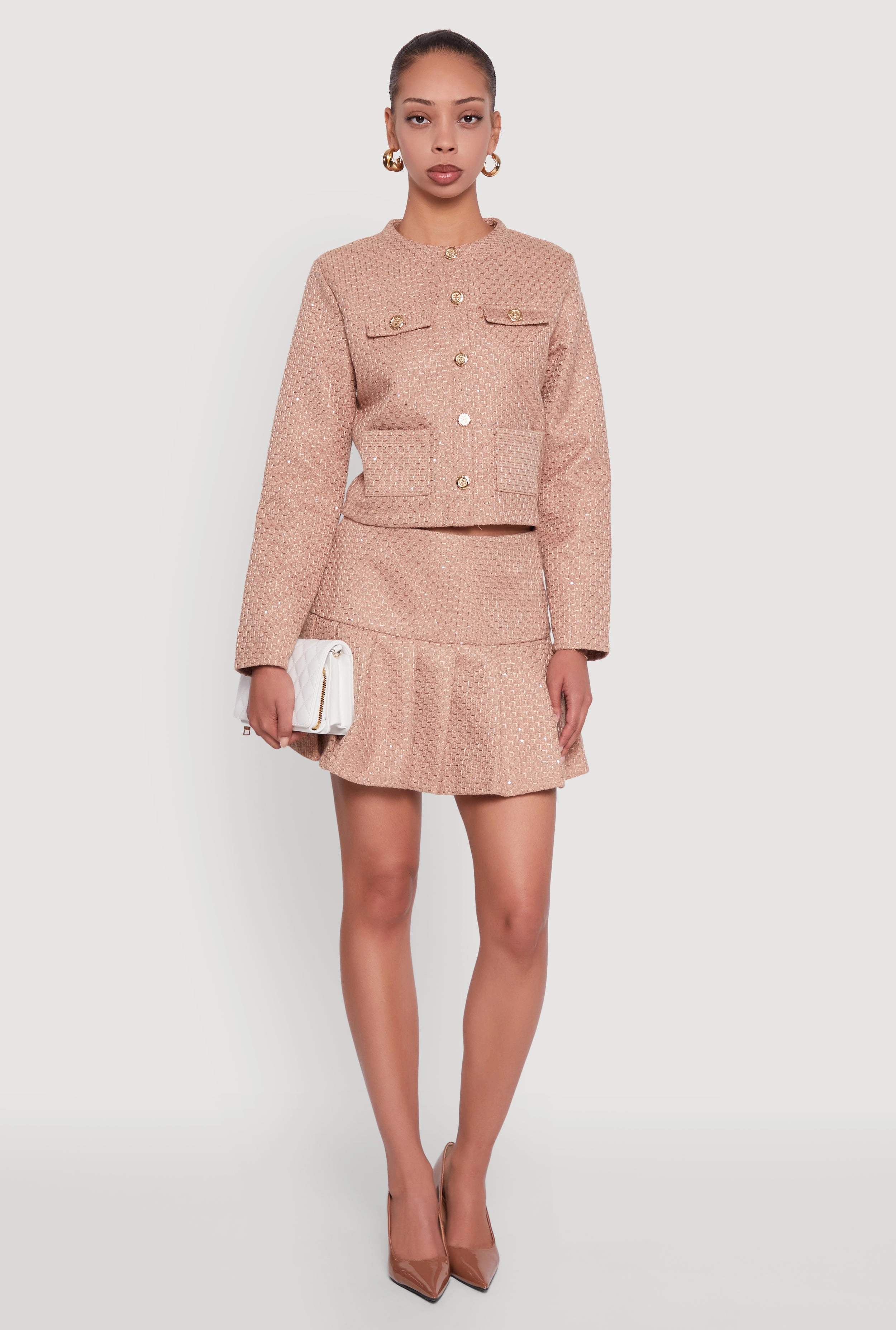 Adjustable Cuff Design Fade Resistant Dye Method Tweed Flap Pocket Cropped Button Front Blazer