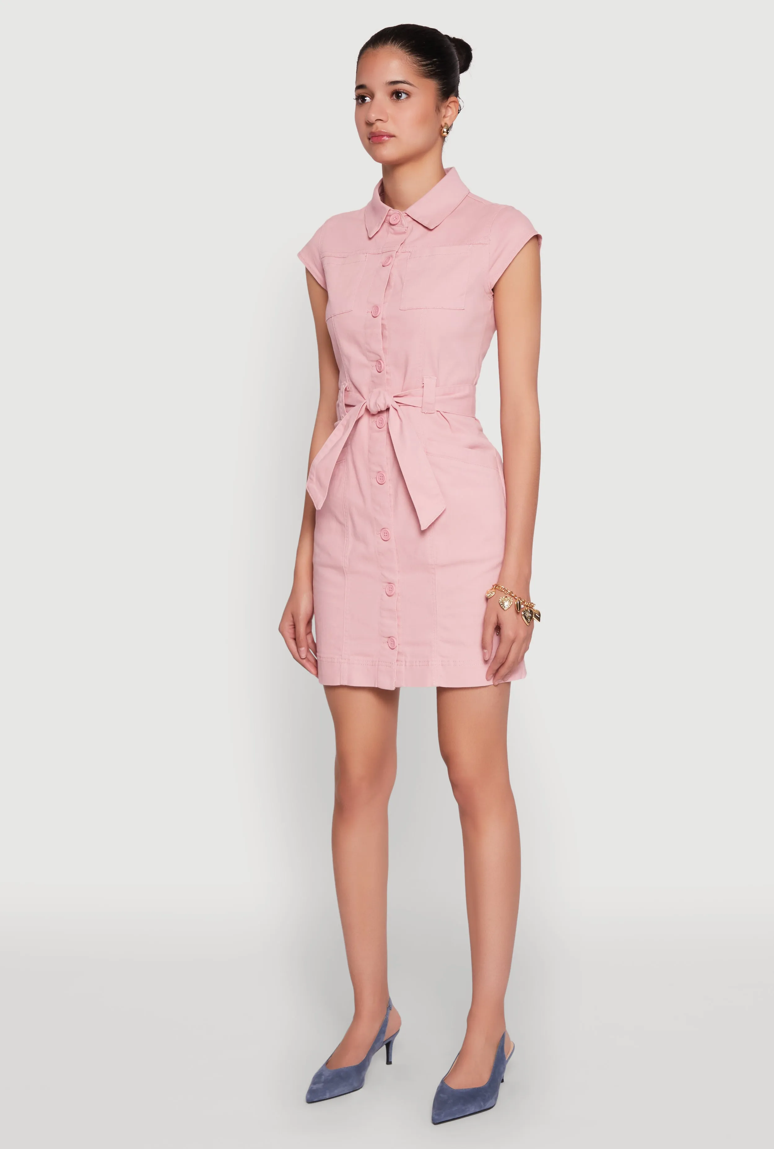 Twill Button Front Belted Shirt Dress Chilly Day Comfort Elegant Style