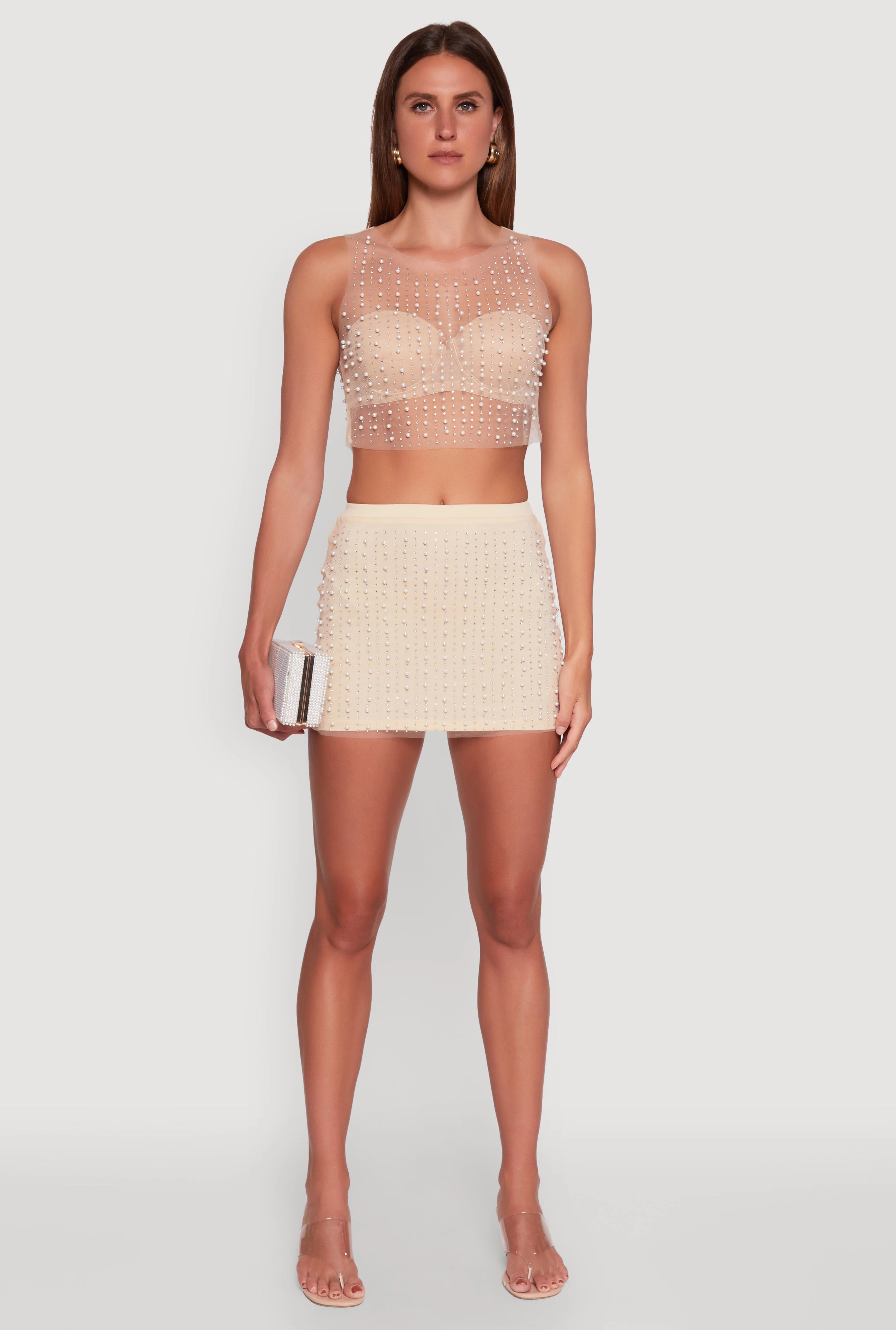 Neat Mood Subtle Details Rhinestone Faux Pearl Mesh Overlay High Waisted Mini Skirt