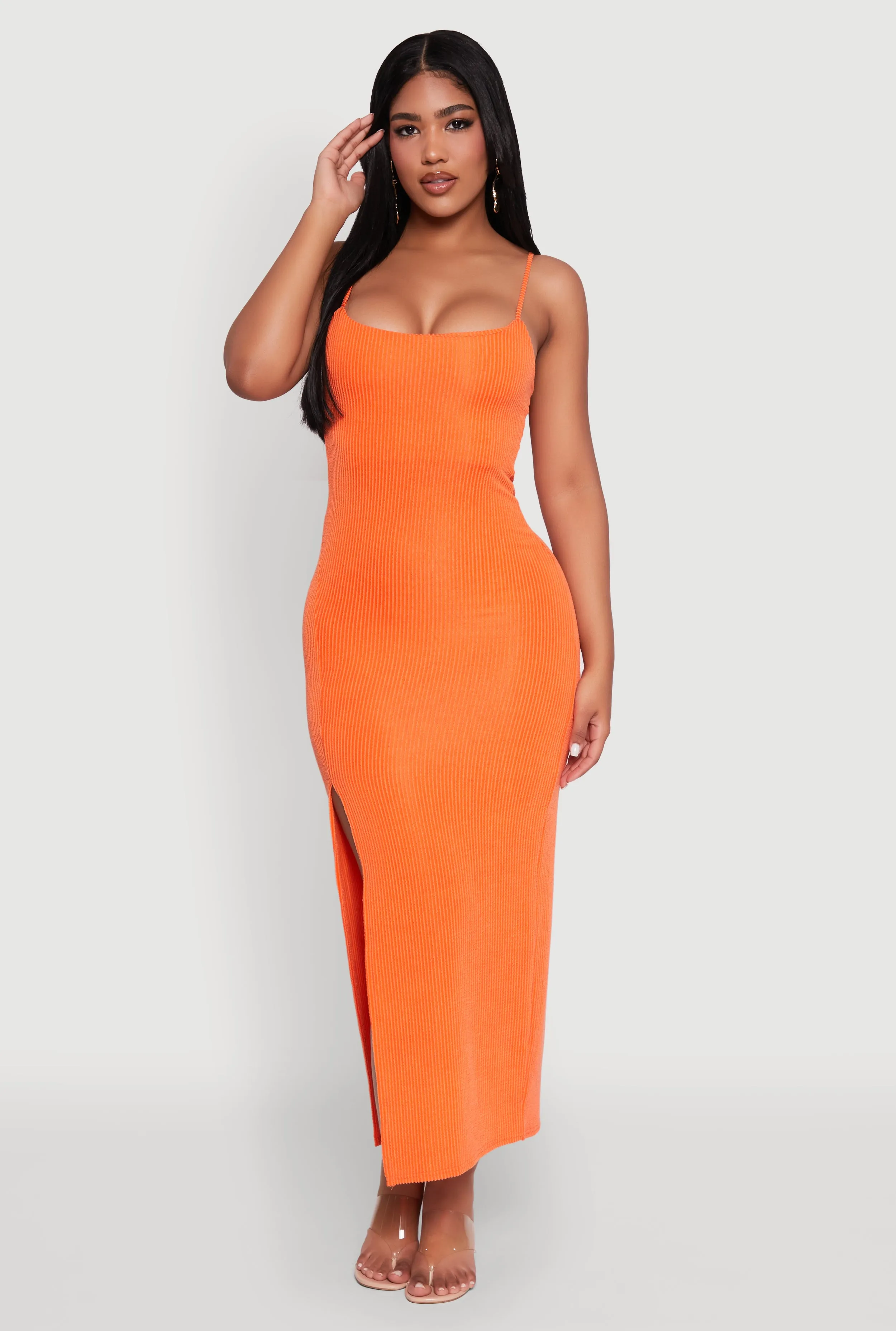 Rib Knit Side Slit Midi Dress Elegant holiday wear