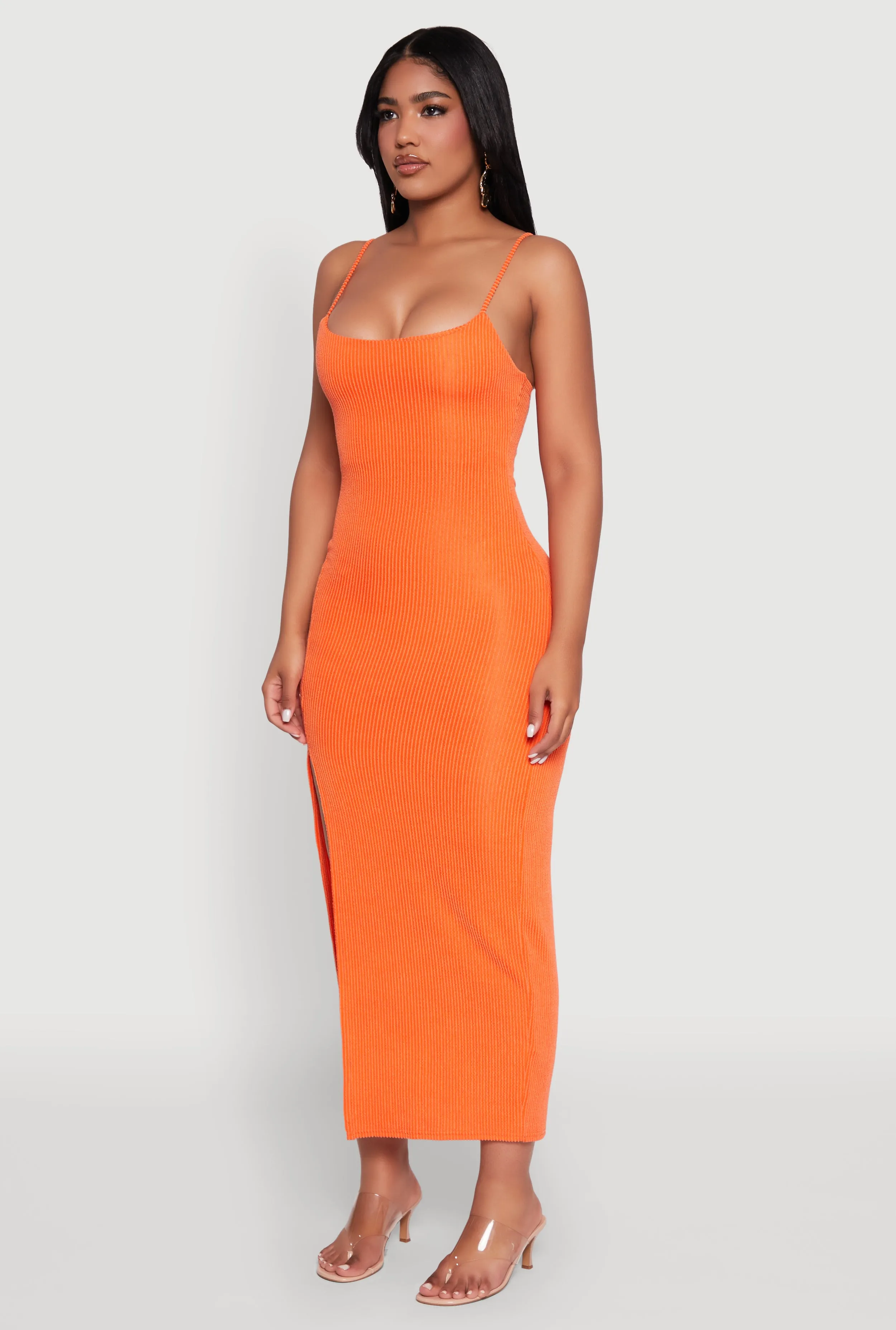 Rib Knit Side Slit Midi Dress Smart and Relaxed Rhinestone-Detail