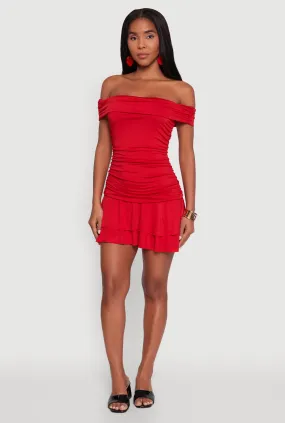 Off the Shoulder Ruched Tiered Bodycon Dress Romantic-Detail