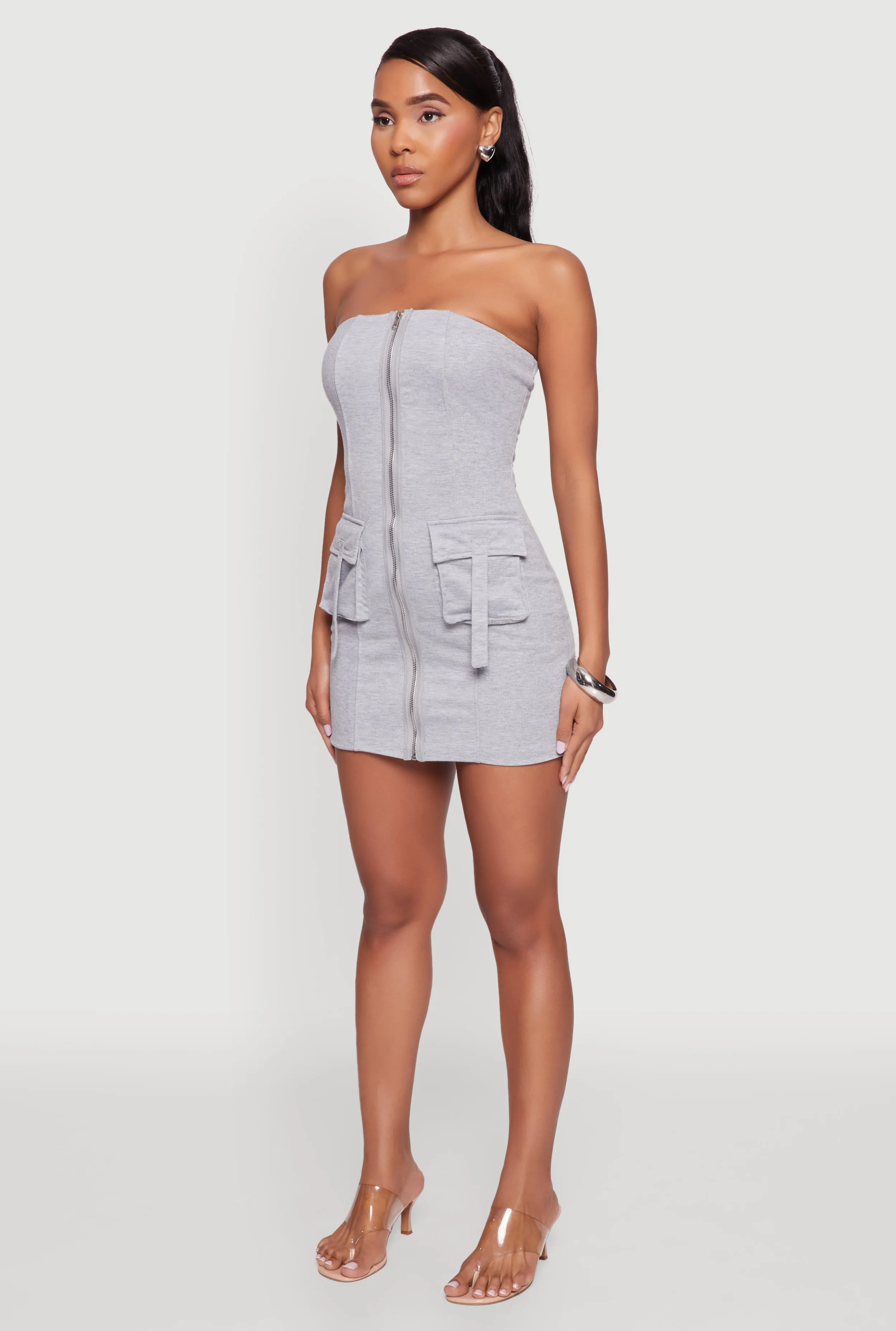 Ribbed Knit Zip Front Cargo Pocket Tube Dress Perfect Fit Look