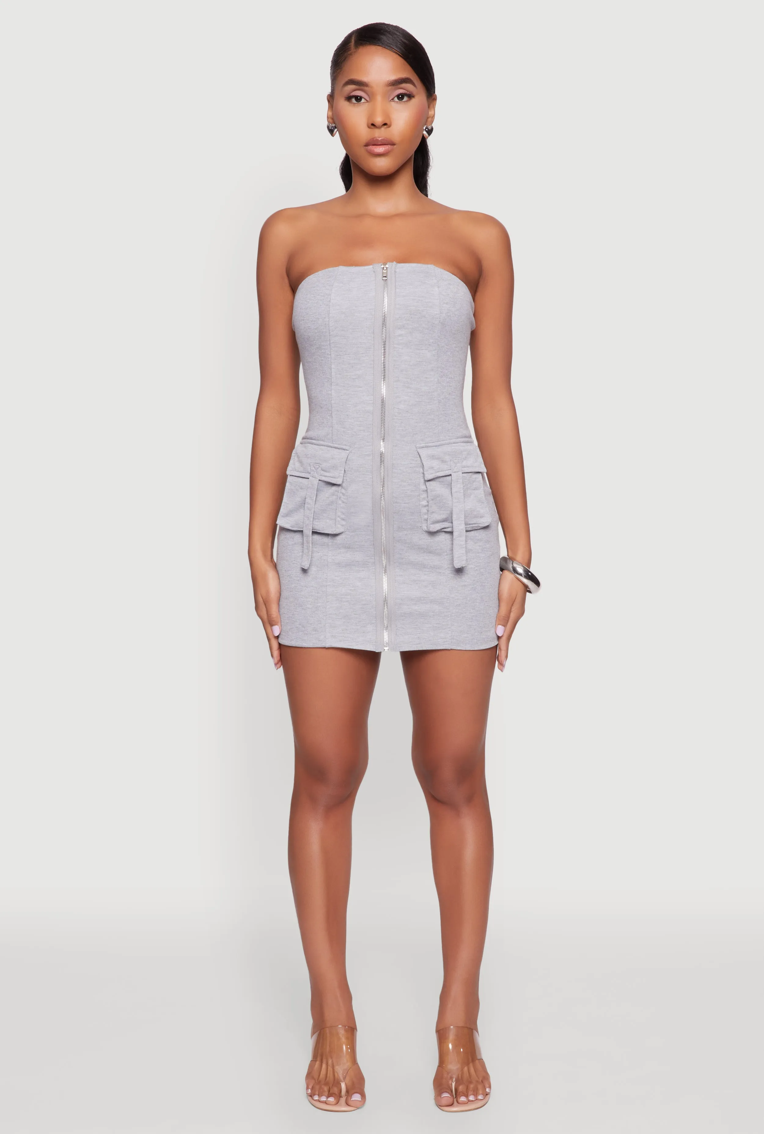 Ribbed Knit Zip Front Cargo Pocket Tube Dress NonIrritatingLining Refined Stitch