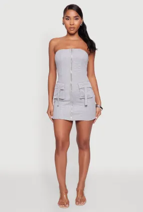 Ribbed Knit Zip Front Cargo Pocket Tube Dress Guest Glam Inner Feel