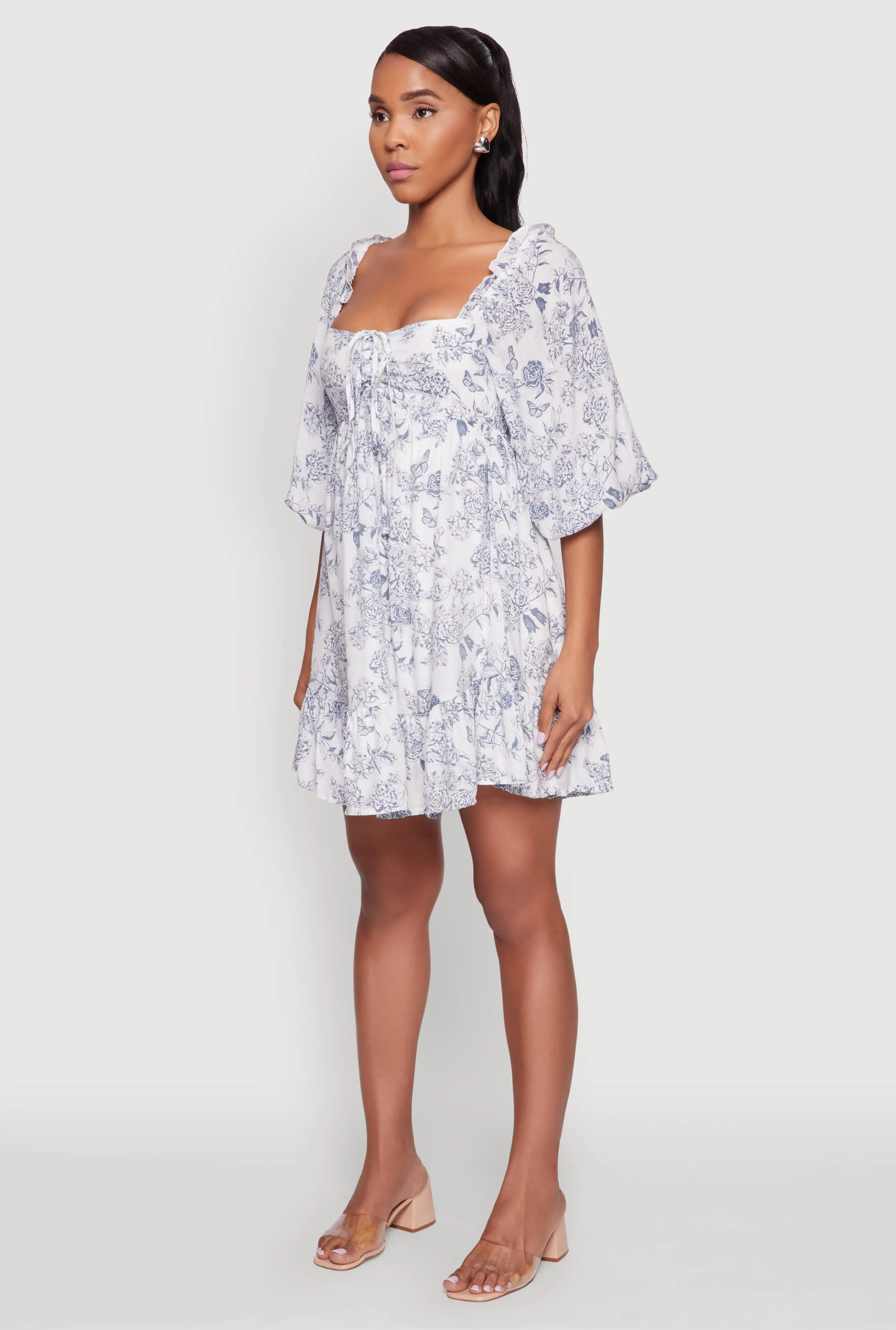 Smart Glide Chic Toile de Jouy Puff Sleeve Peasant Dress