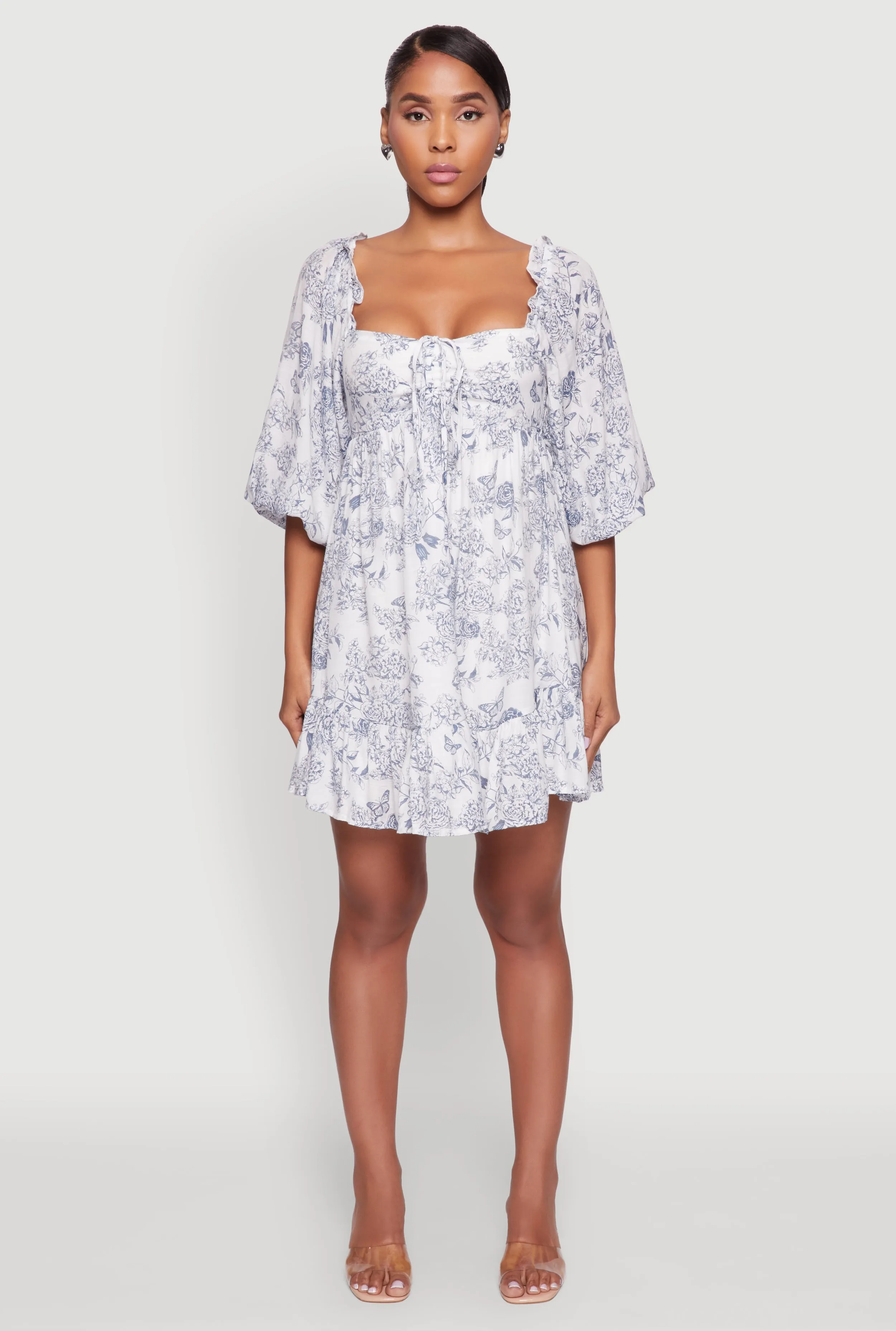 LowProfileZipper Date-Night Chic Toile de Jouy Puff Sleeve Peasant Dress