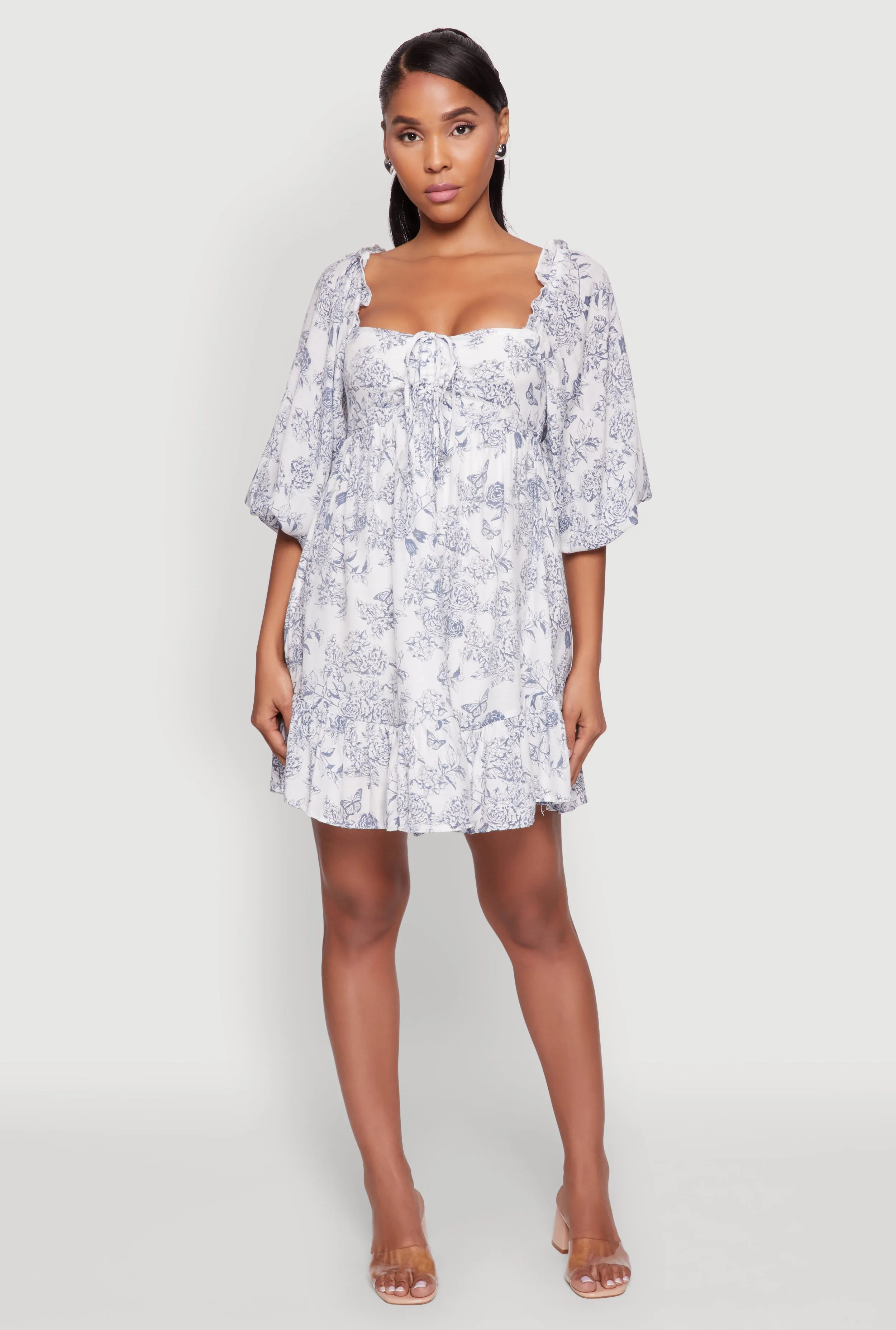 Luxe Fit Chic Toile de Jouy Puff Sleeve Peasant Dress