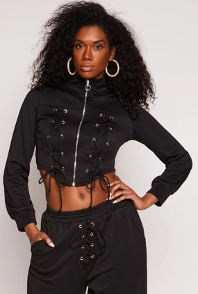 Health related Mock Neck Lace Up Zip Front Top