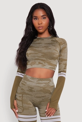 Camo Two Tone Long Sleeve Crop Top with Thumb Holes Party - Wear