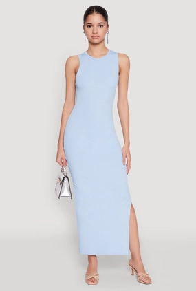 Chic Style Crew Neck Rib Knit Side Slit Maxi Dress