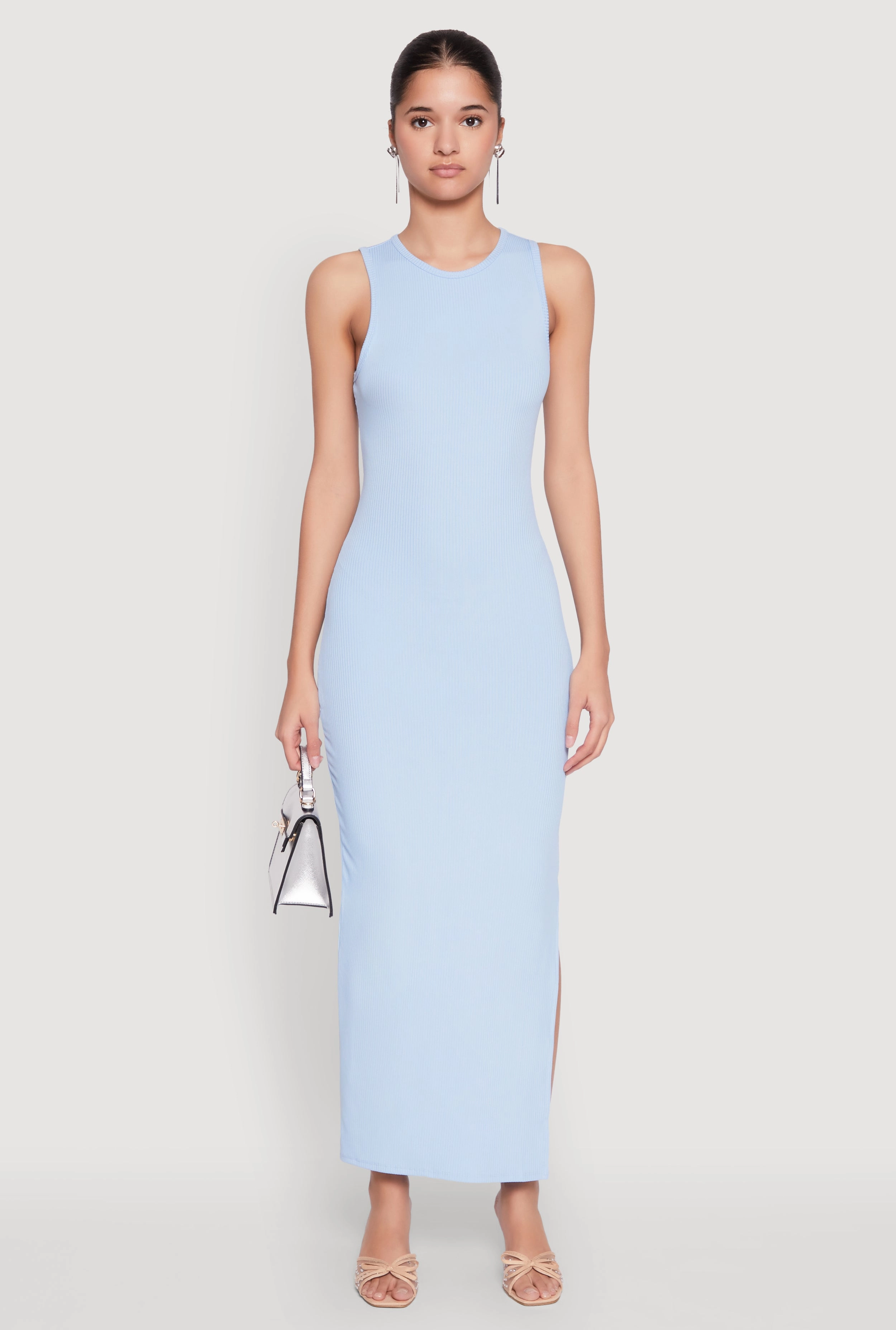 Crew Neck Rib Knit Side Slit Maxi Dress Form Fitting Tonal-Panel