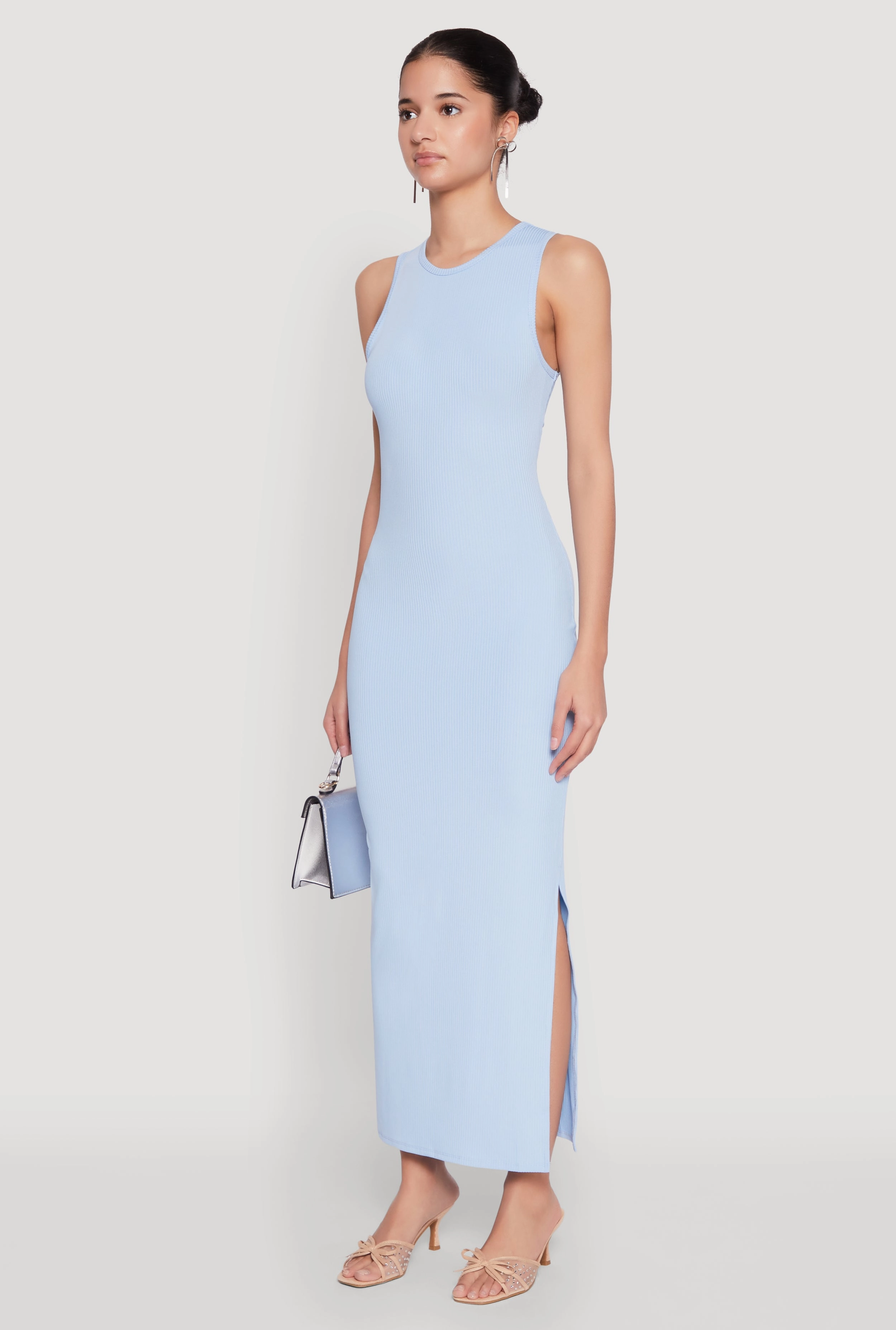 LowProfileZipper Gentle Drape Crew Neck Rib Knit Side Slit Maxi Dress
