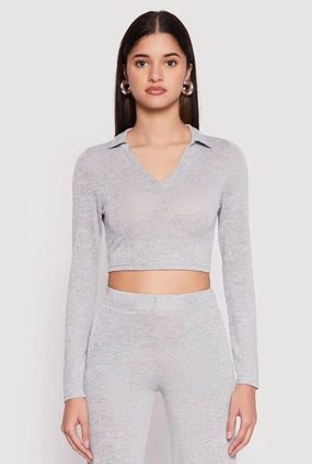Curtain Daisy Long Sleeve Cropped Polo Shirt