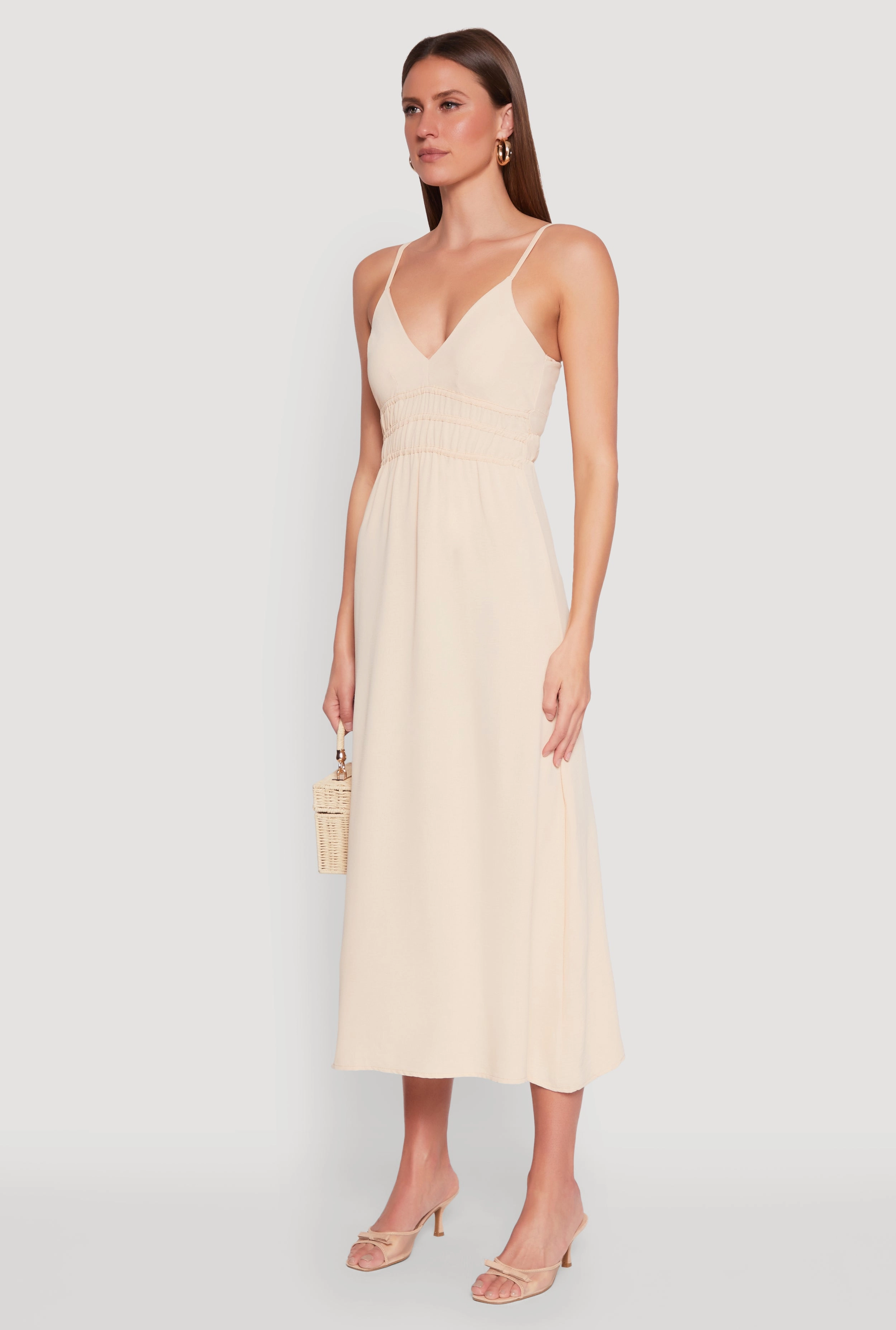 Pure Tone V Neck Empire Waist Maxi Dress