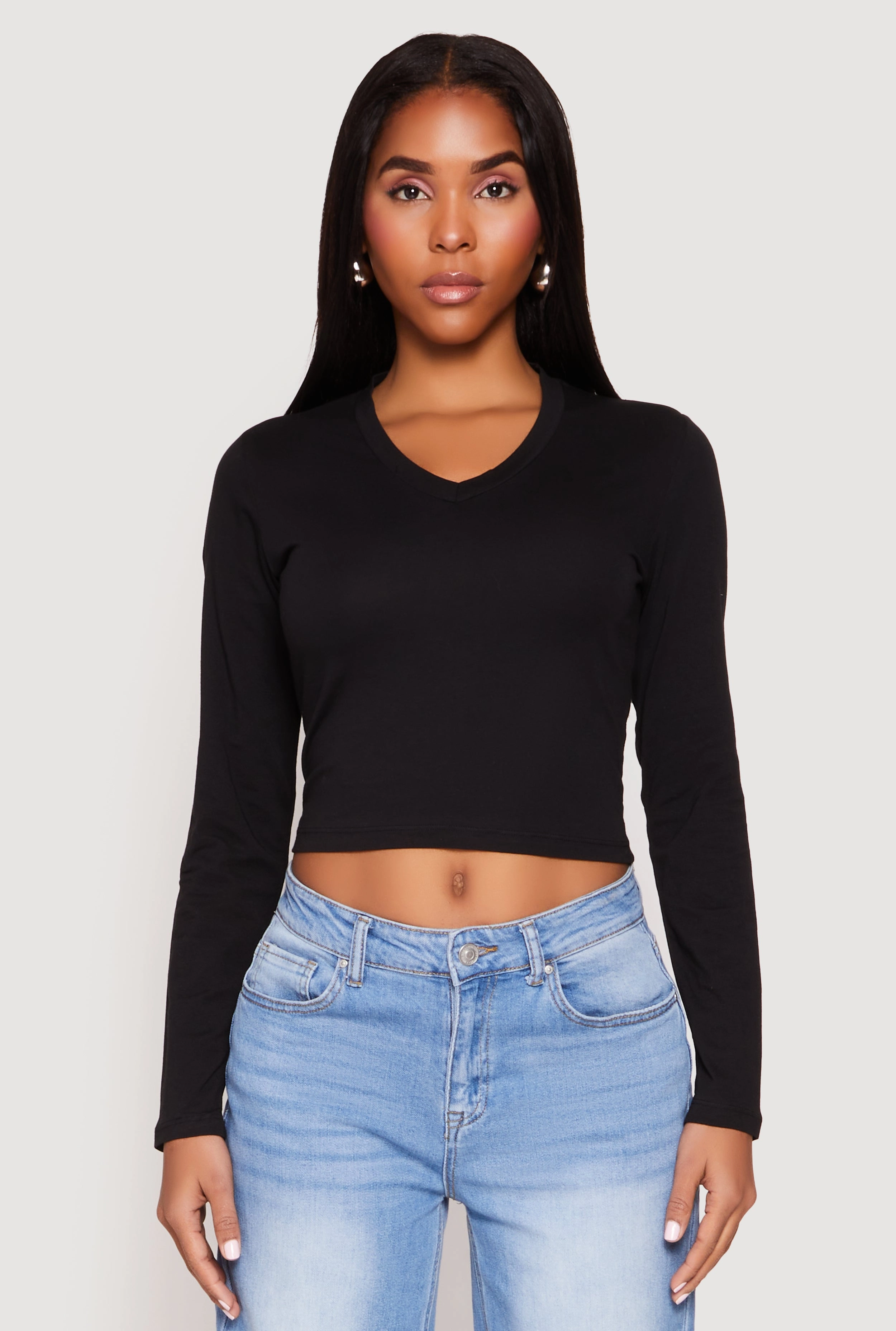 V Neck Long Sleeve Crop Top Tight - fitting