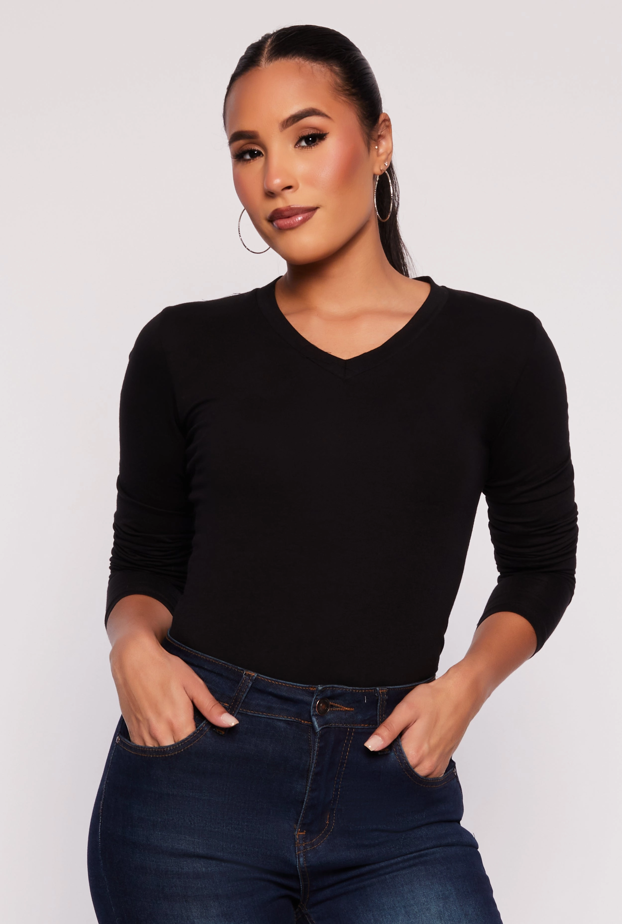 Youthful Fade Resistant Dyeing V Neck Long Sleeve Tee