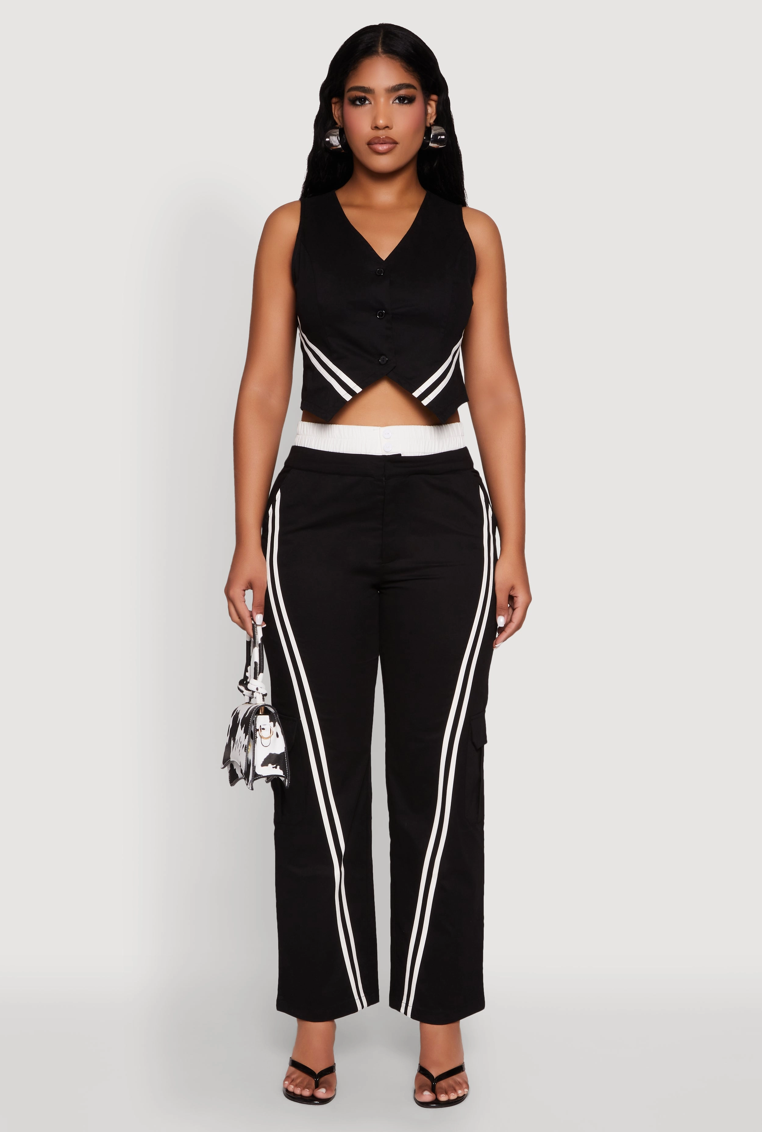 Reinforced Seam Durability Mid Length Varsity Stripe Button Front Cropped Blazer Vest