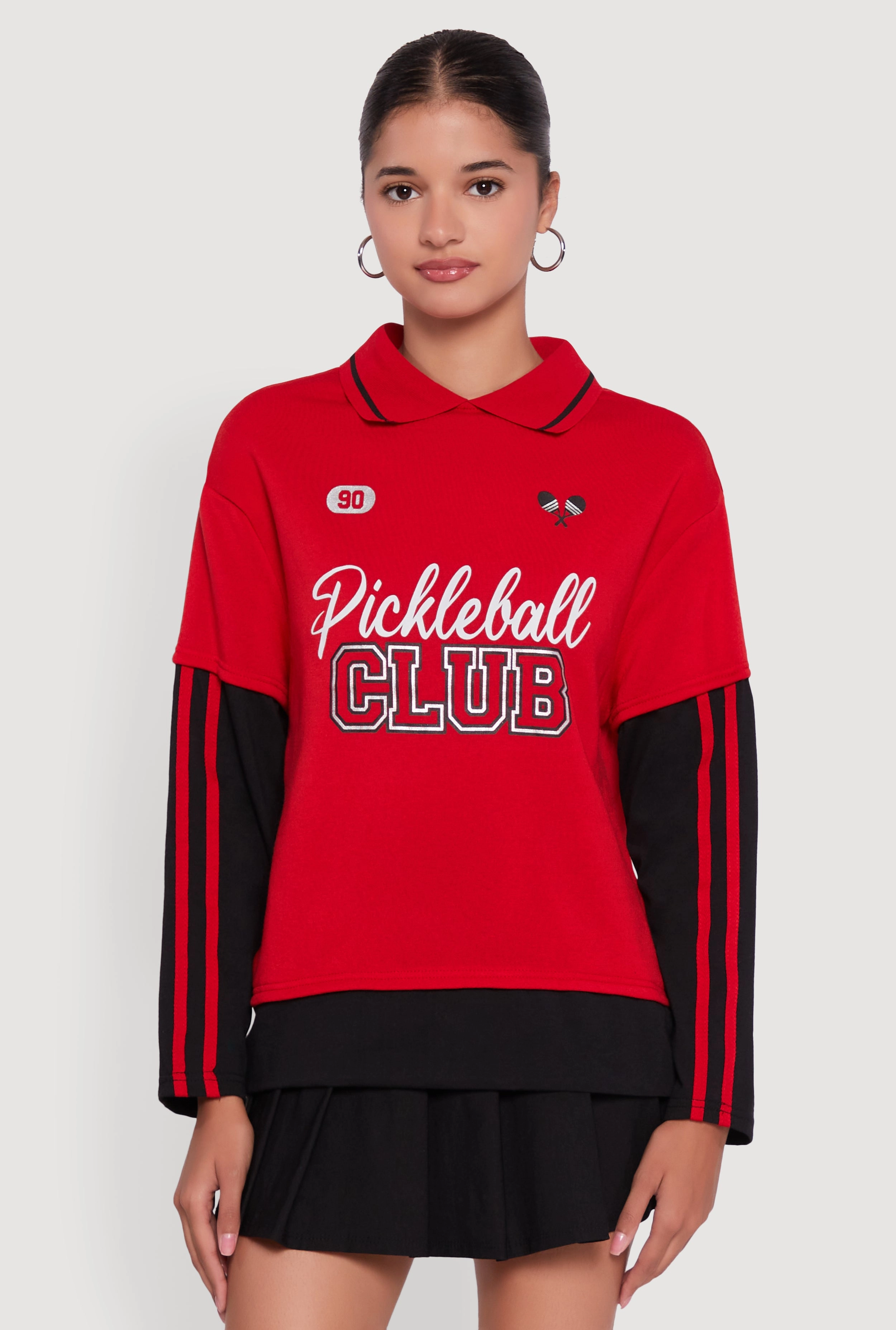 Varsity Stripe Foil Screen Graphic Layered Look Sweater Warm Wear Breathable mesh panel