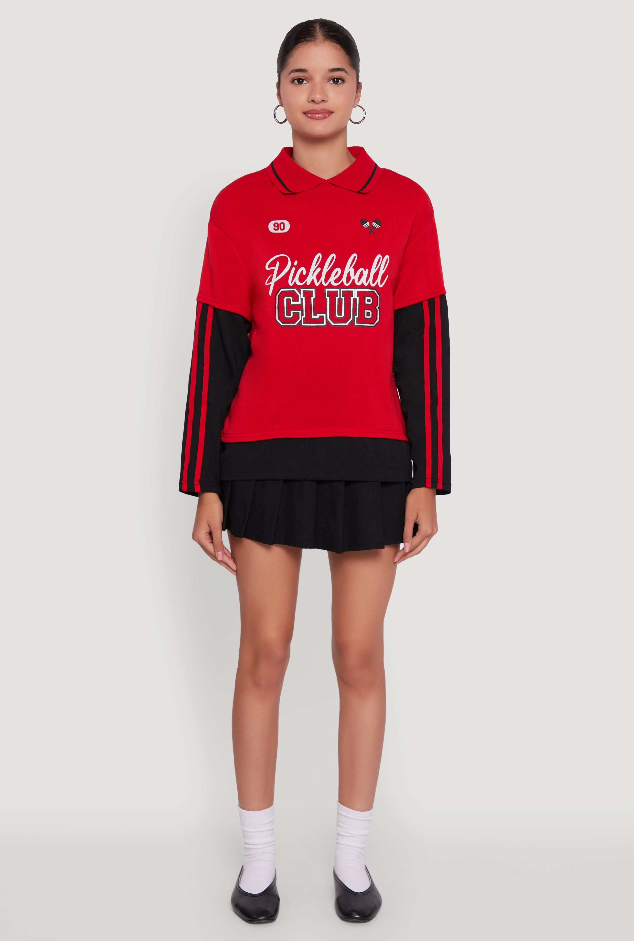 Relaxed Neckline Varsity Stripe Foil Screen Graphic Layered Look Sweater