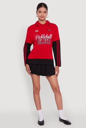 Double Layered Collars Chilly Season Wear Varsity Stripe Foil Screen Graphic Layered Look Sweater