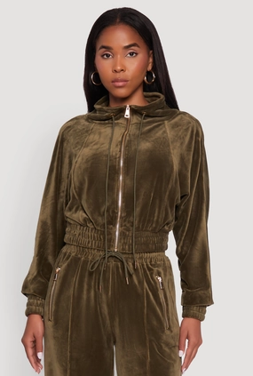 Hiking - wear Stretchable Side Gussets Velour Drawstring Mock Neck Cropped Zip Front Sweatshirt