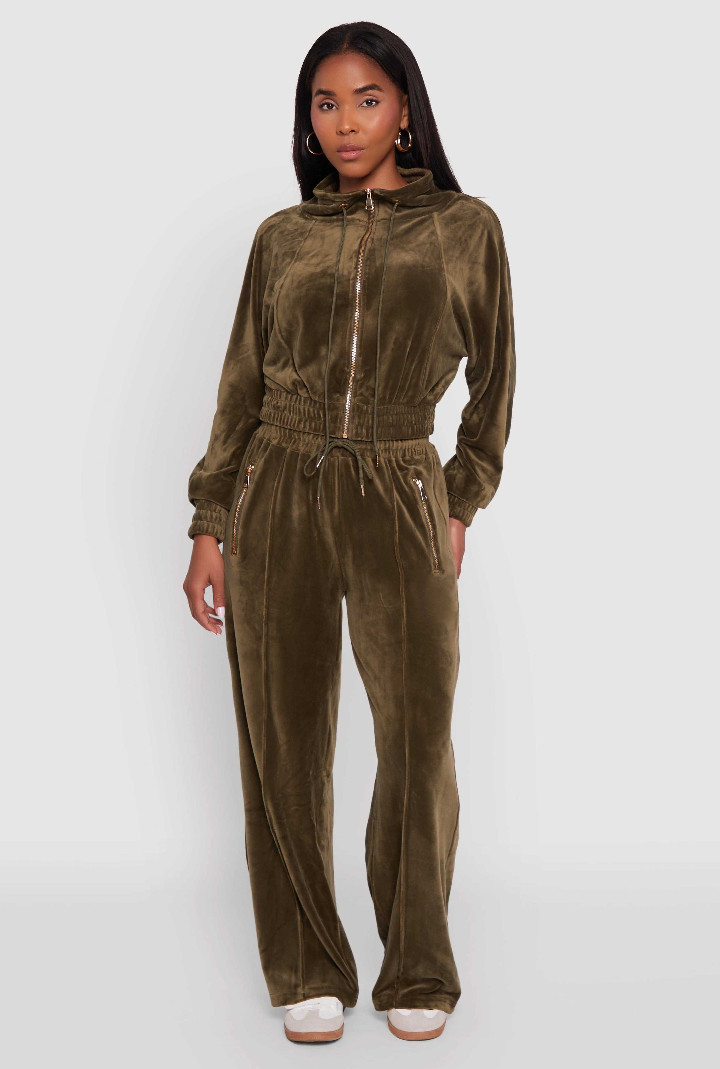 Designer Travel Wear Velour Drawstring Mock Neck Cropped Zip Front Sweatshirt
