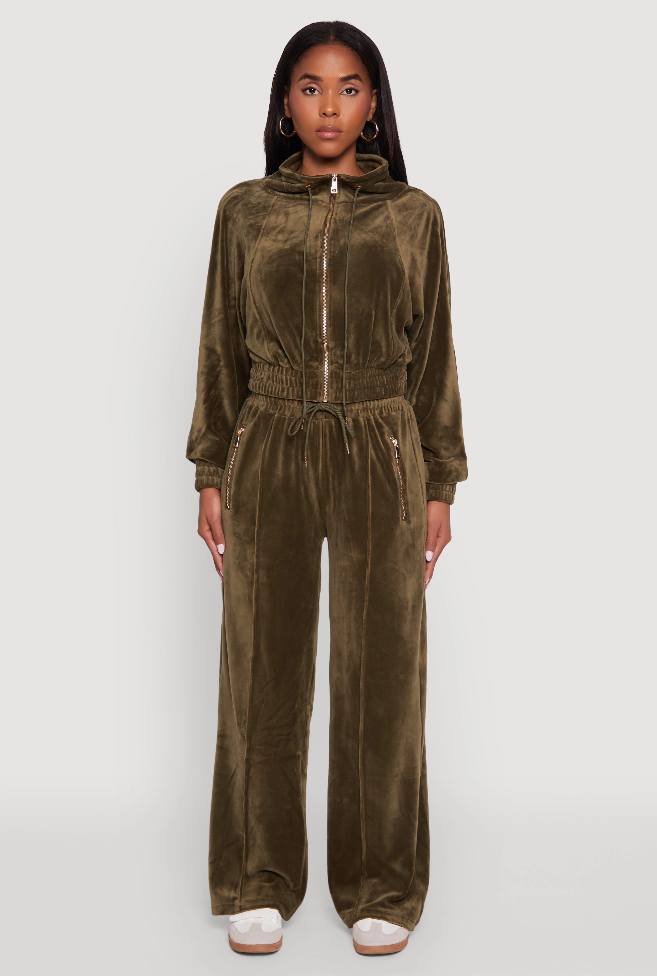 Velour Drawstring Mock Neck Cropped Zip Front Sweatshirt bedroom