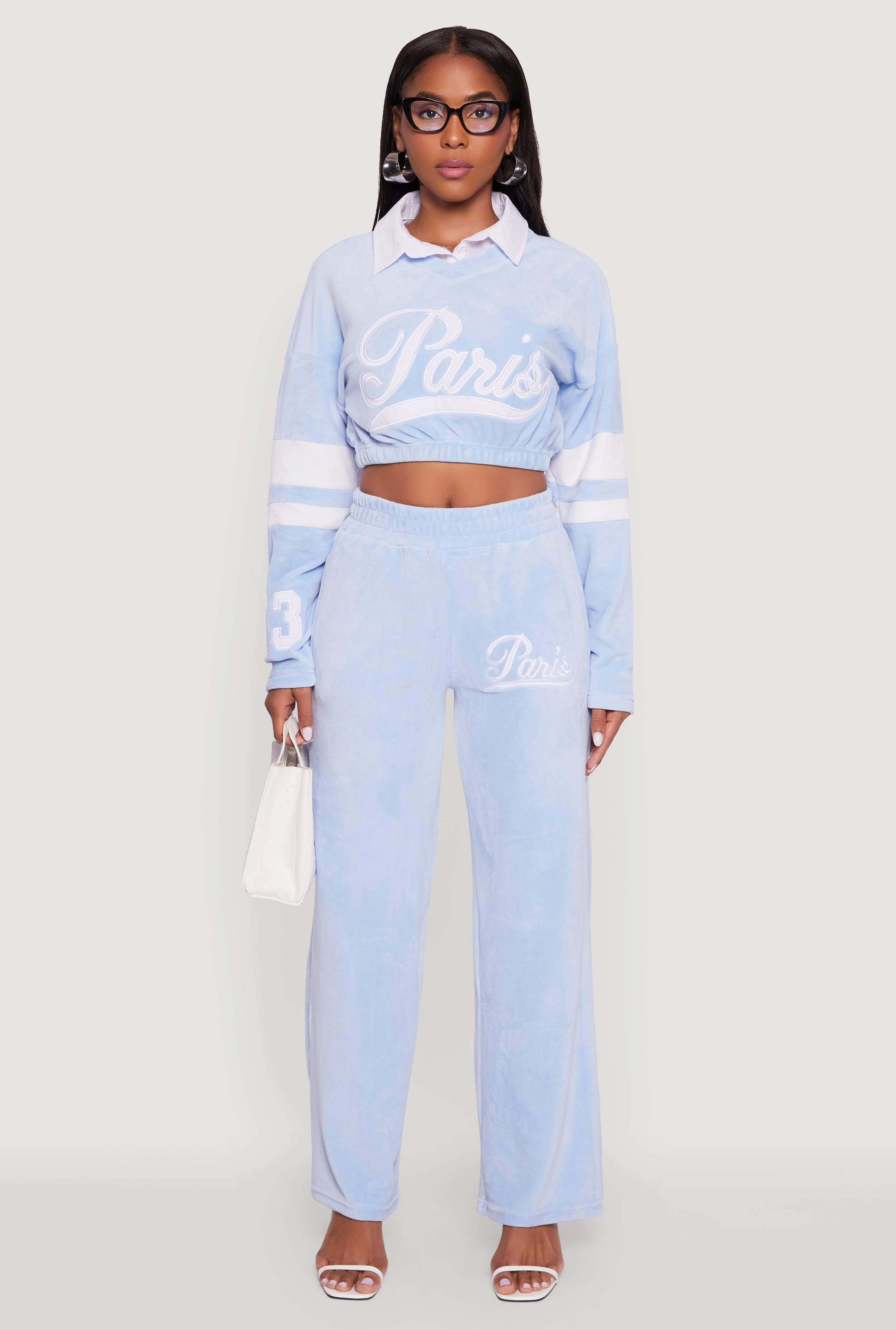 Velour Paris Embroidered Graphic Cropped Sweatshirt Adjustable Frame