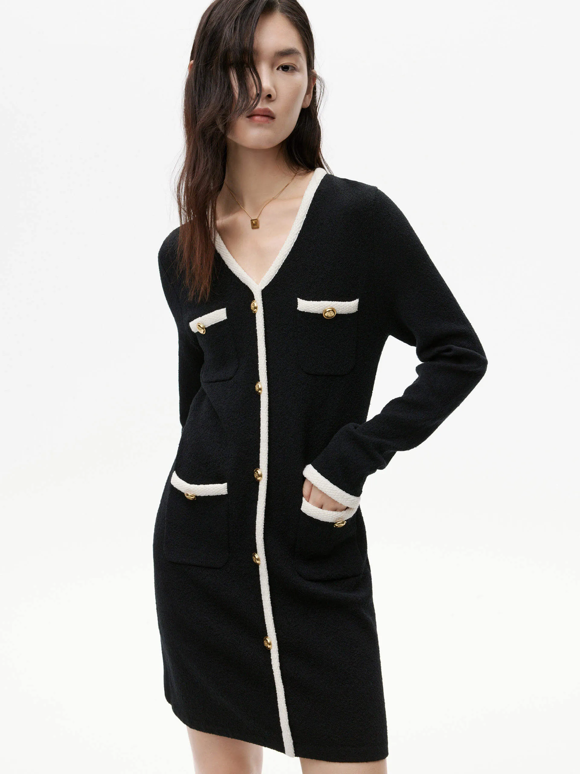 Beaded-Edge Contrast Details Knit Dress