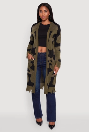 Cold Weather Soft Layering Camouflage Open Front Long Cardigan with Pockets