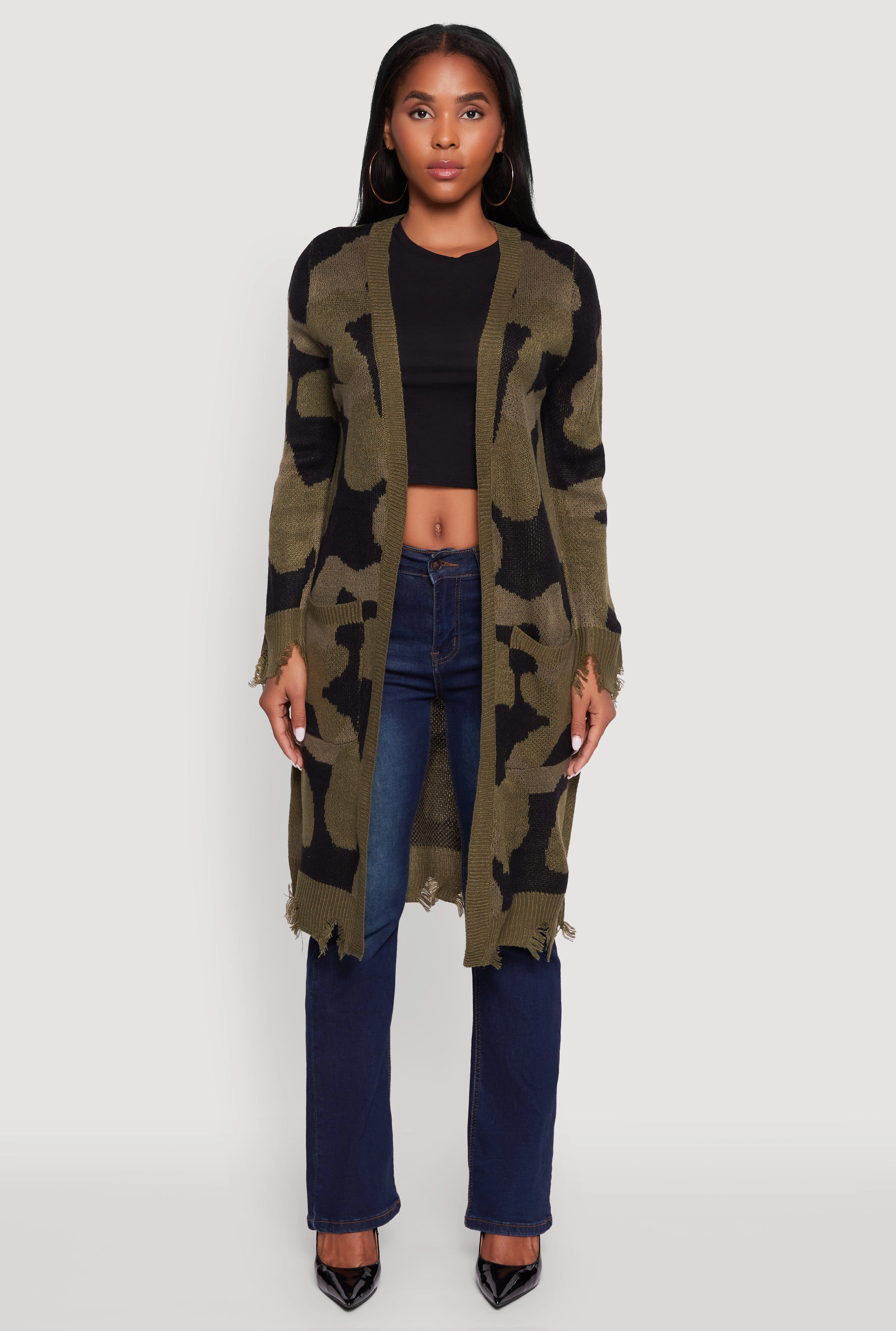 Winter Style Stylish Knit Camouflage Open Front Long Cardigan with Pockets