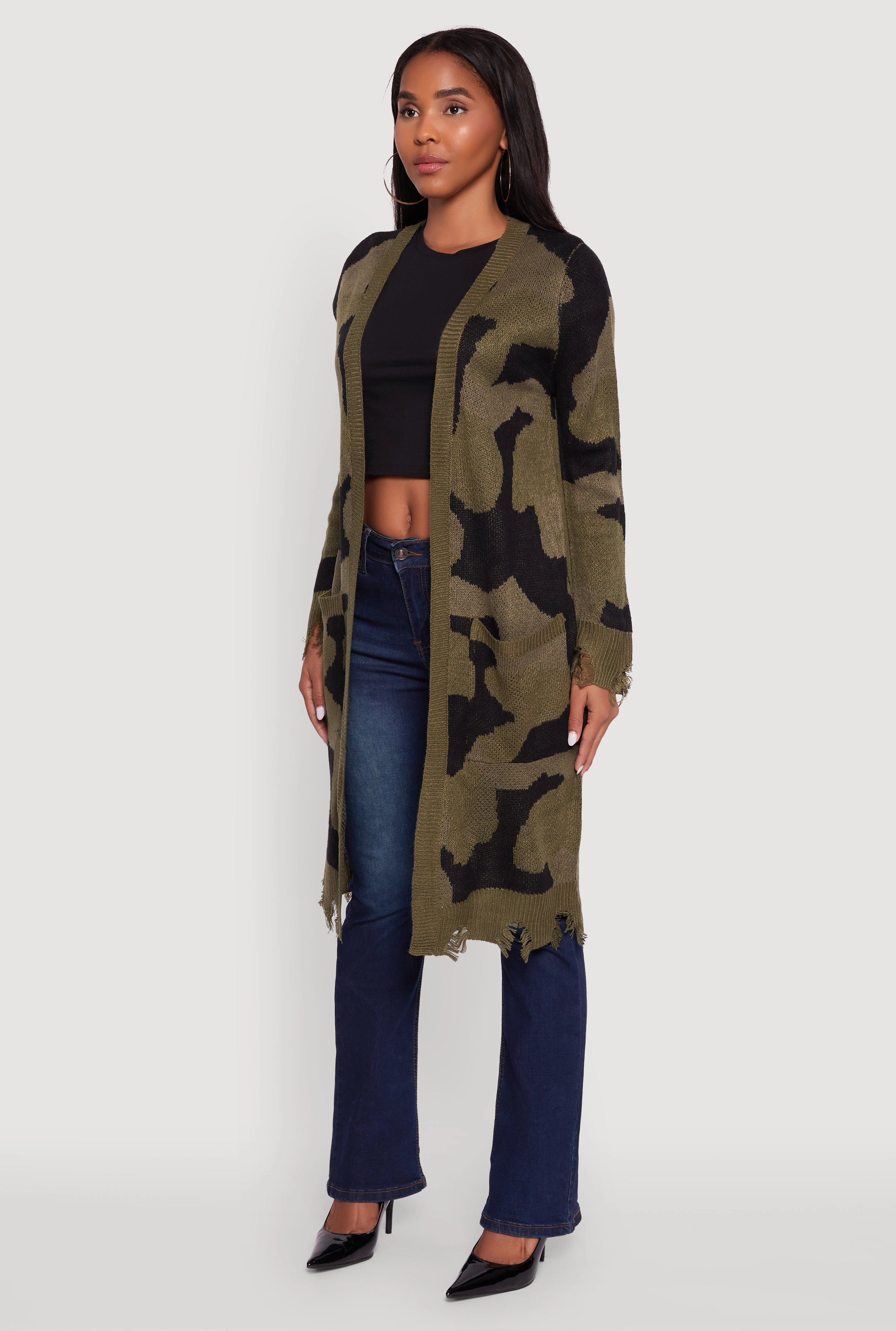Camouflage Open Front Long Cardigan with Pockets Eco Dye Process Basic Layering