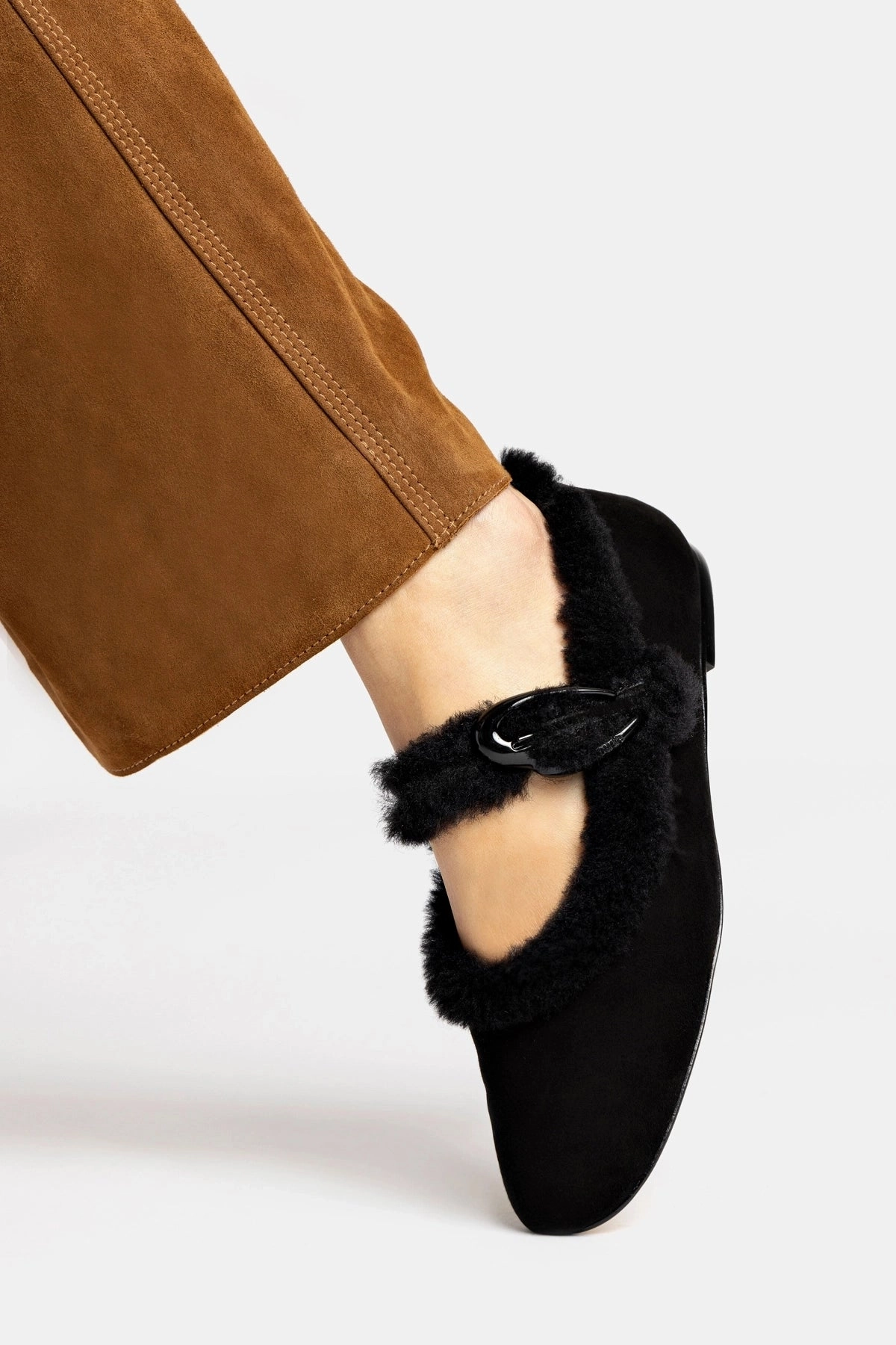 Verona Ballet Flat In Black Suede And Black Shearling Comfort Padding Comfort Move Design