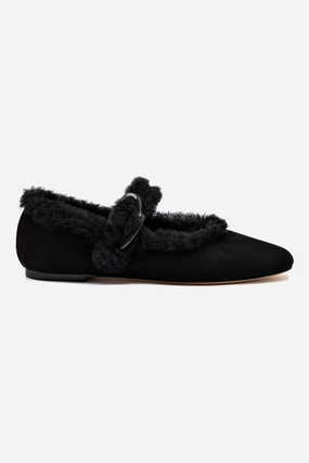 Verona Ballet Flat In Black Suede And Black Shearling Relaxing Step Bay Glow
