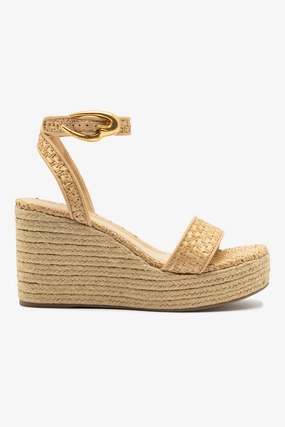 Abrasion Resistant Material Verona Low Wedge In Beige Leather and Natural Raffia
