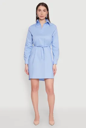 Smart Blend Patterned-Fabric Poplin Tie Waist Belted Shirt Dress