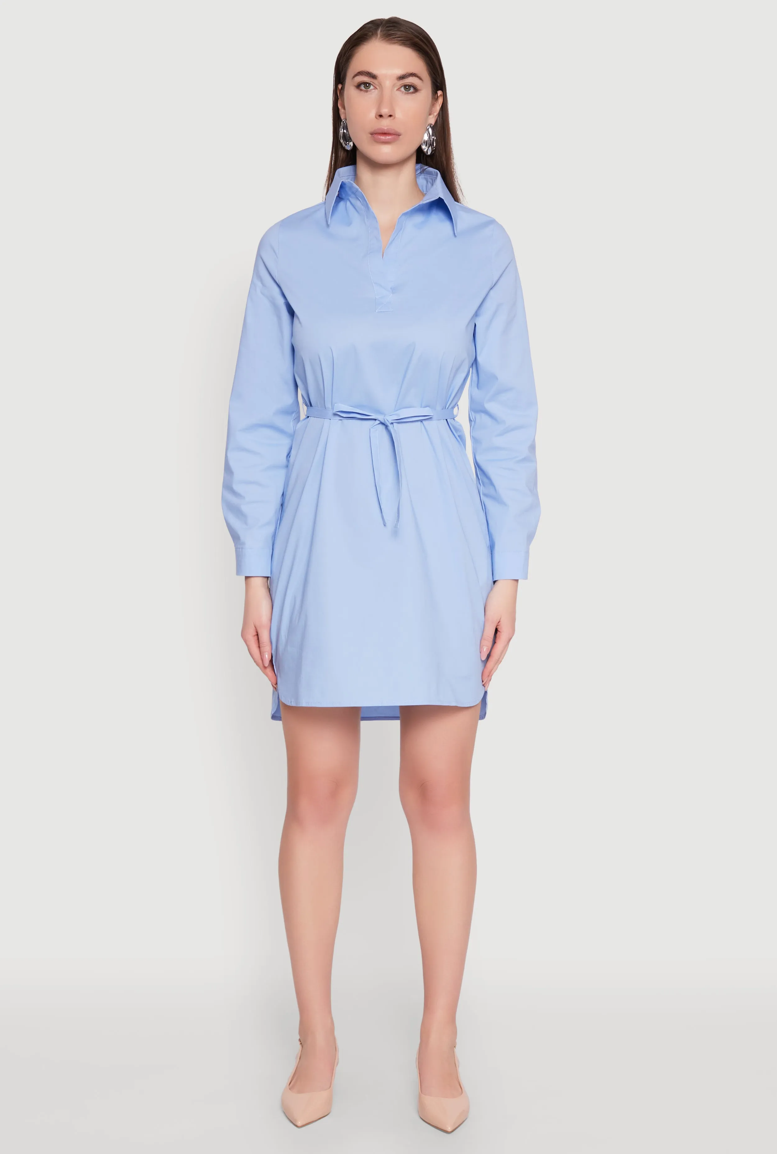 Poplin Tie Waist Belted Shirt Dress flowy style